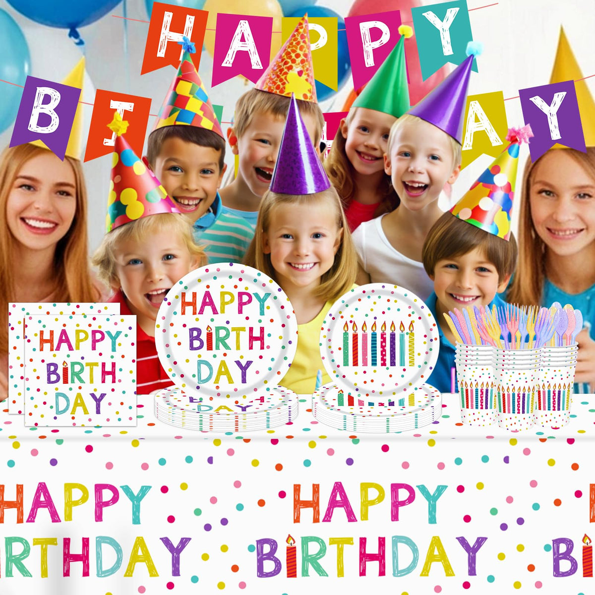 142pcs Happy Birthday Party Supplies Set with Colorful Polka - Kilyparty Official Imagery - 6