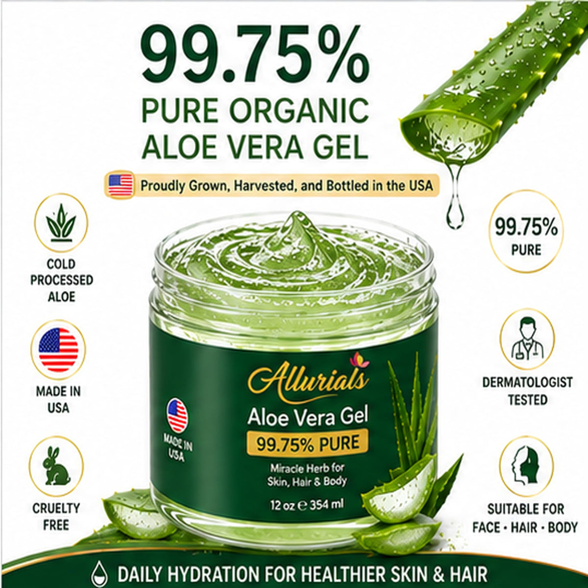 Allurials Aloe Vera Gel 99 75 Pure Organic Made in USA After - Allurials Official Imagery - 3