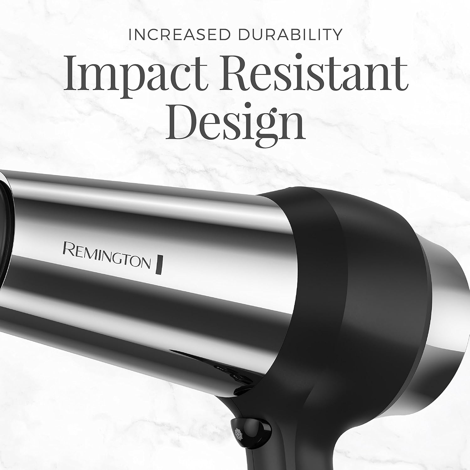 Remington impact resistant 1875-watt hair dryer with a black and silver design, featuring a concentrator nozzle attachment.
