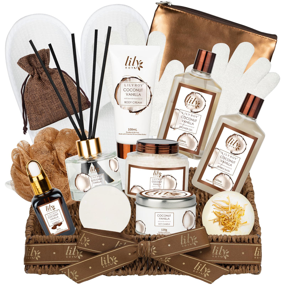 Coconut Vanilla Spa Gift Set Complete Spa Gift Baskets for - LILY ROY Official Product Imagery - 1