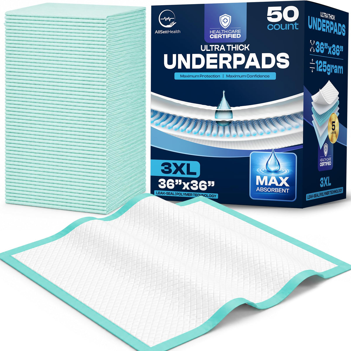 50 Pack Incontinence Bed Pads Disposable for Adult Chucks - AllSett Health Official Imagery - 1