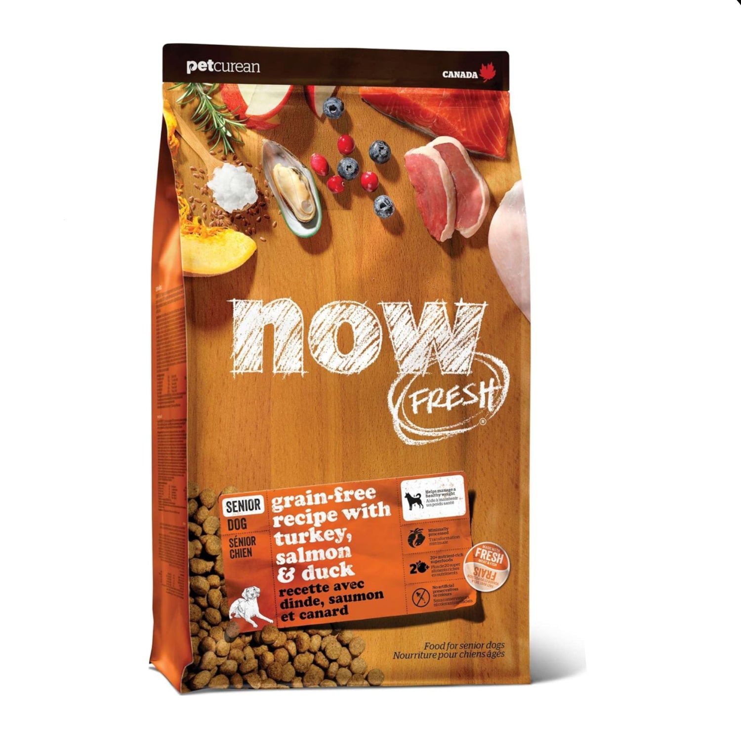 Now Fresh Grain-Free dry dog food with real turkey, salmon, and duck for senior dogs, all breed sizes, 3.5 lb bag