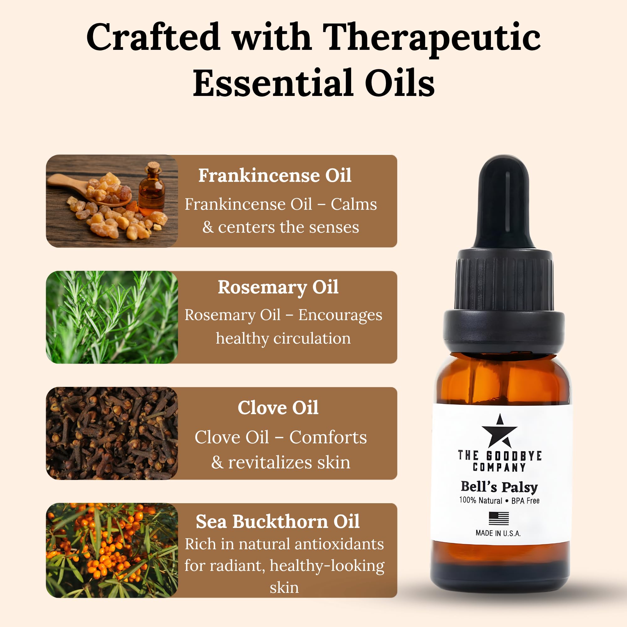 Organic Frankincense and Clove oil in a glass bottle, used as a skin care agent for Bell's Palsy treatment by The Goodbye Company