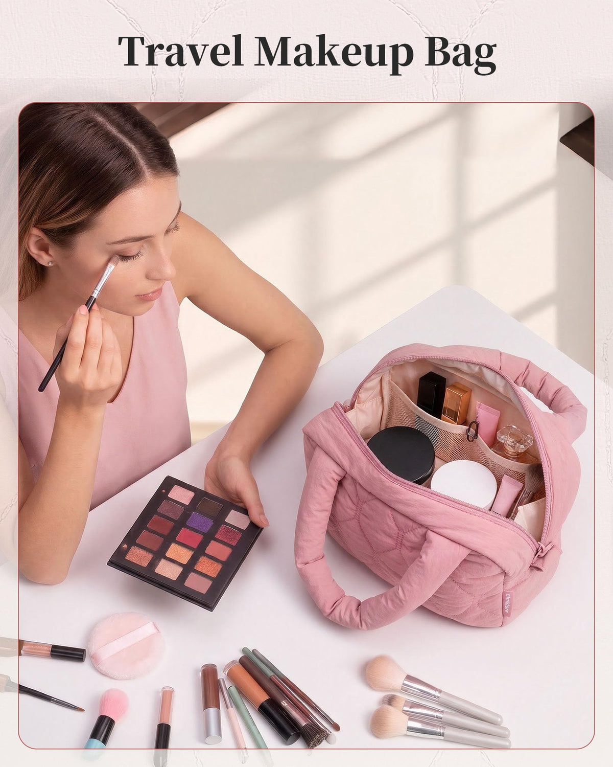 Travel Makeup Bag for Women Puffy Makeup Pouch Cosmetic Bag - Elmklare Official Imagery - 3