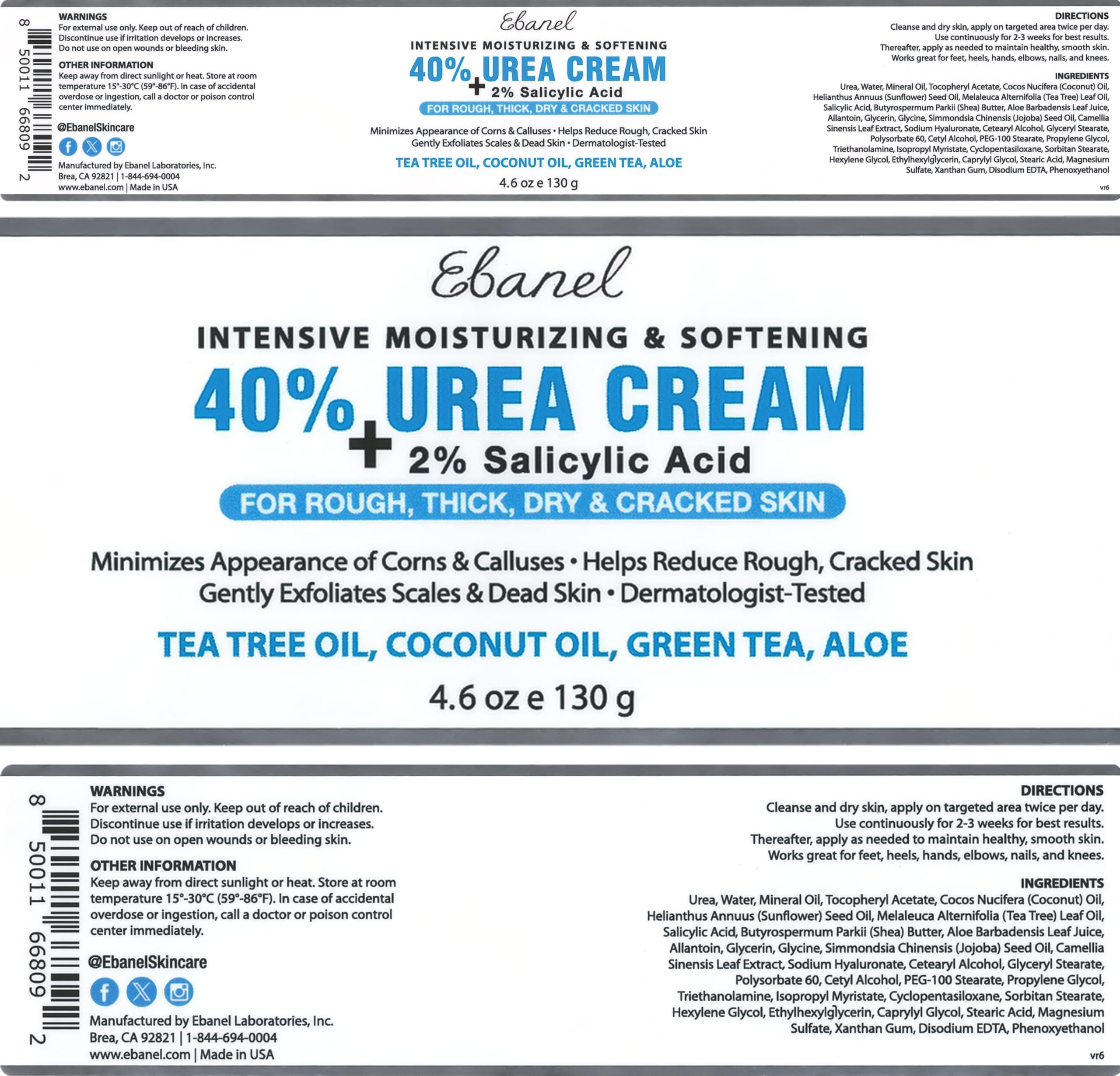 Ebanel Urea 40% moisturizer for dry cracked feet and heels in a 4oz tube, visibly showcasing the cream and packaging.