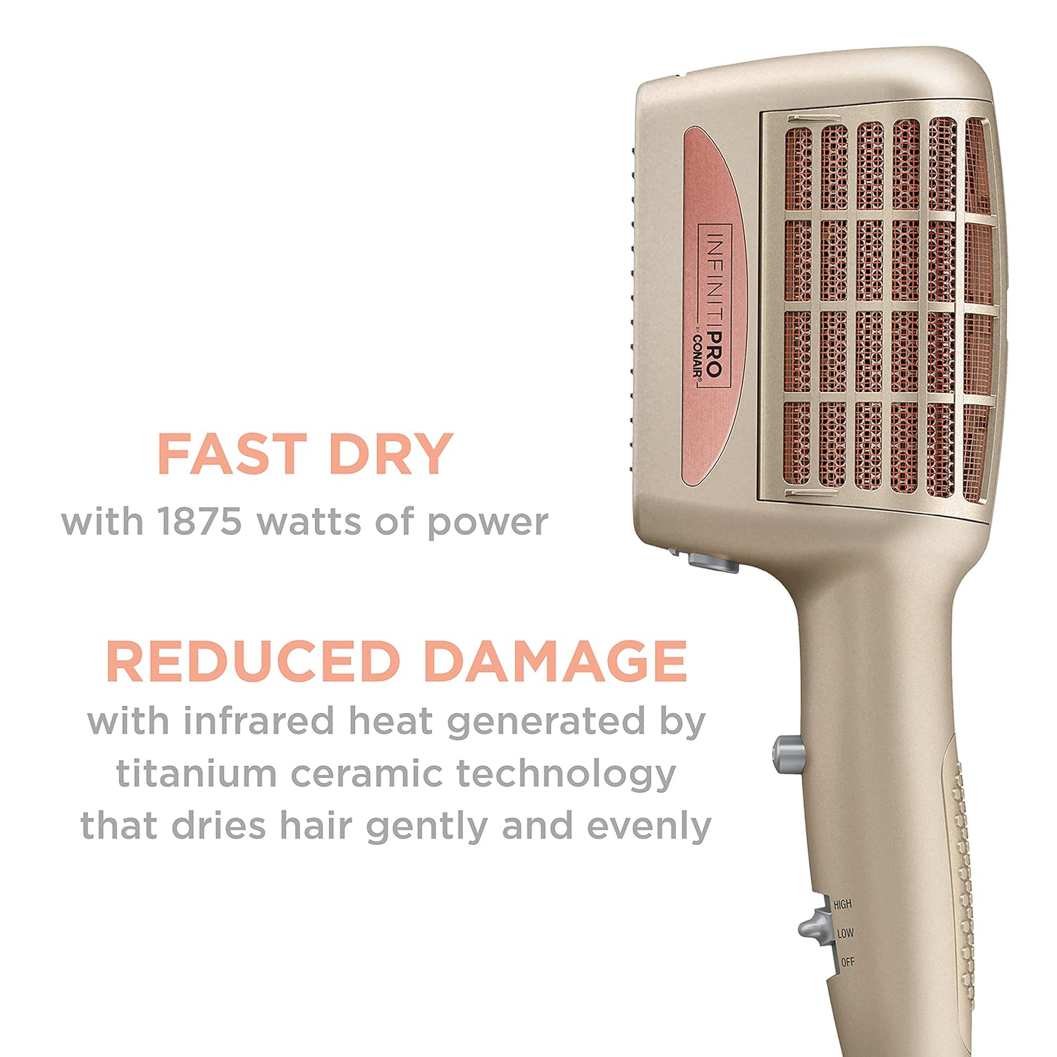Conair INFINITIPRO 4-in-1 frizz-free styling hair dryer with 1875W power, black and silver design, and multiple attachments.