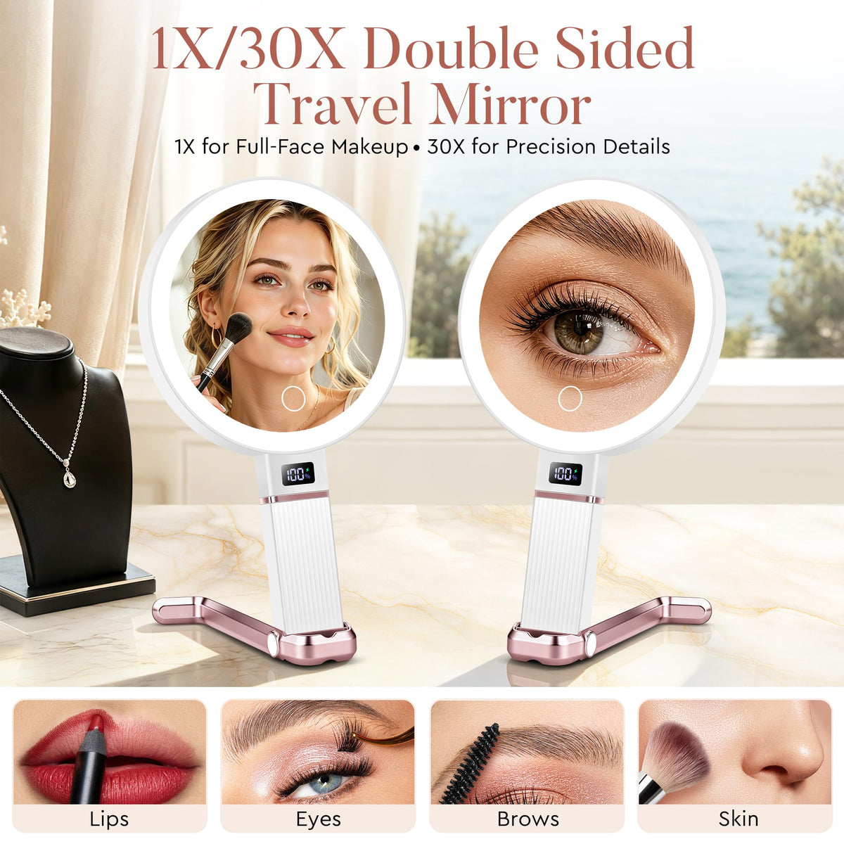 MIYADIVA Travel Makeup Mirror with Lights Height Adjustable - MIYADIVA Official Imagery - 4