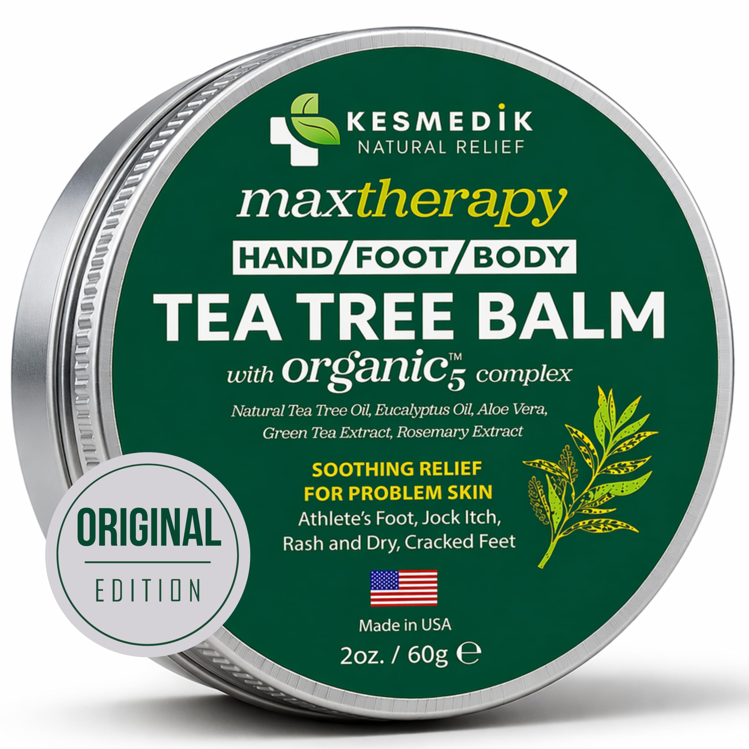 KESMEDIK Tea Tree Oil Balm, antifungal skin moisturizer, showing the balm in a jar with tea tree leaves and application on skin.