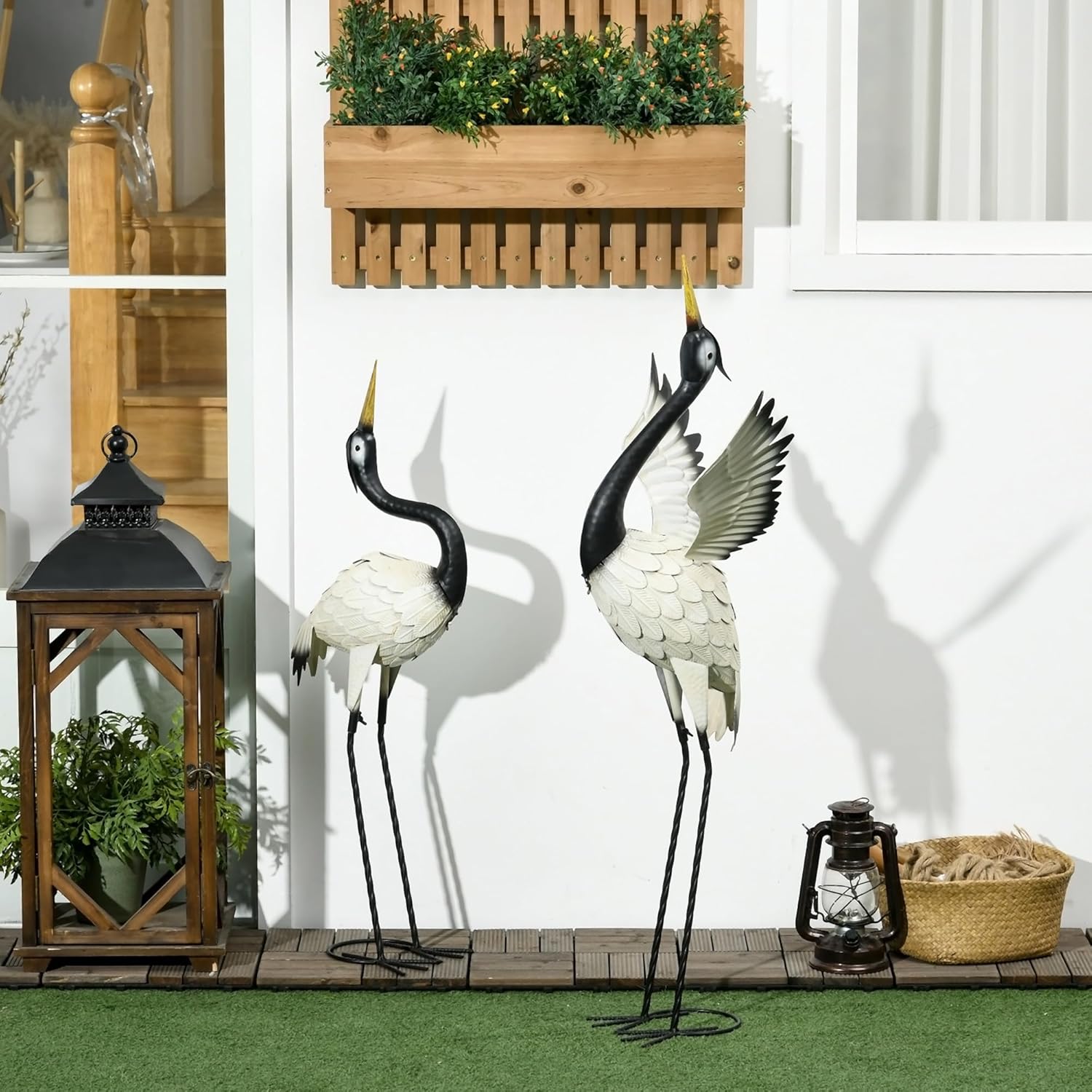 Outsunny heron garden statues, 35.5 and 40.5 inches tall, featuring realistic bird sculptures for outdoor landscaping.