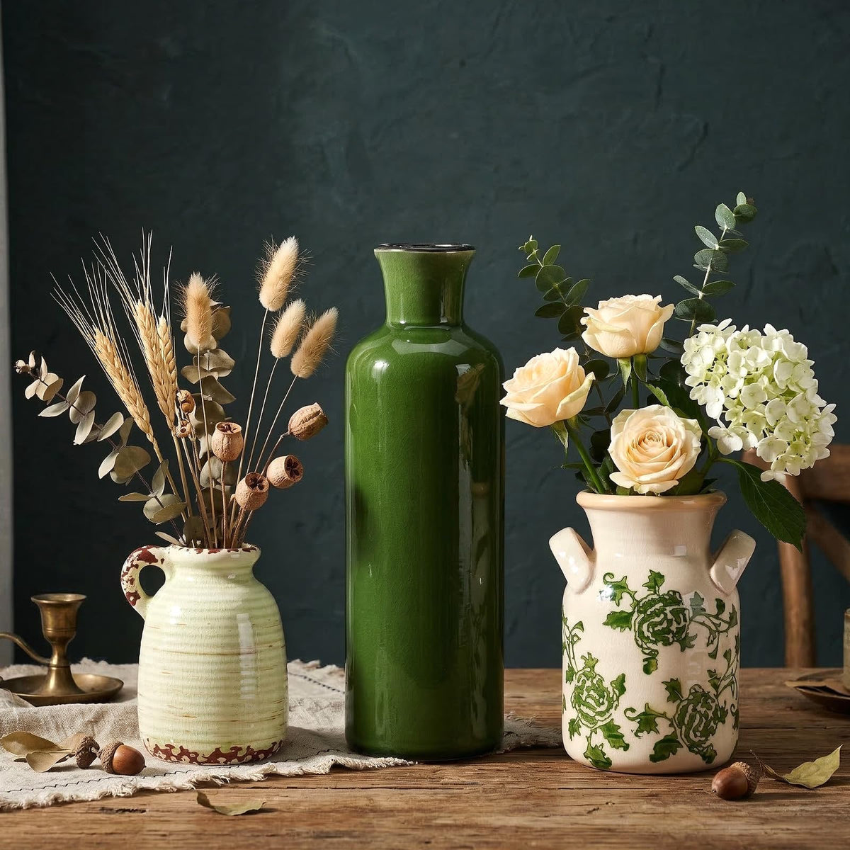 Ceramic Vases Set of 3 Green Beige Farmhouse Vintage Rustic - LTXHXVS Official Imagery - 1