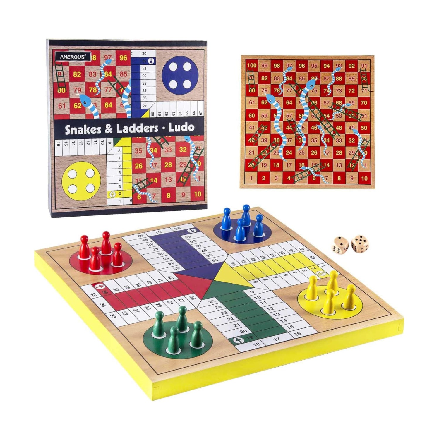 AMEROUS 12-inch wooden Ludo board game with snakes and ladders design, featuring colorful game pieces and classic game layout.