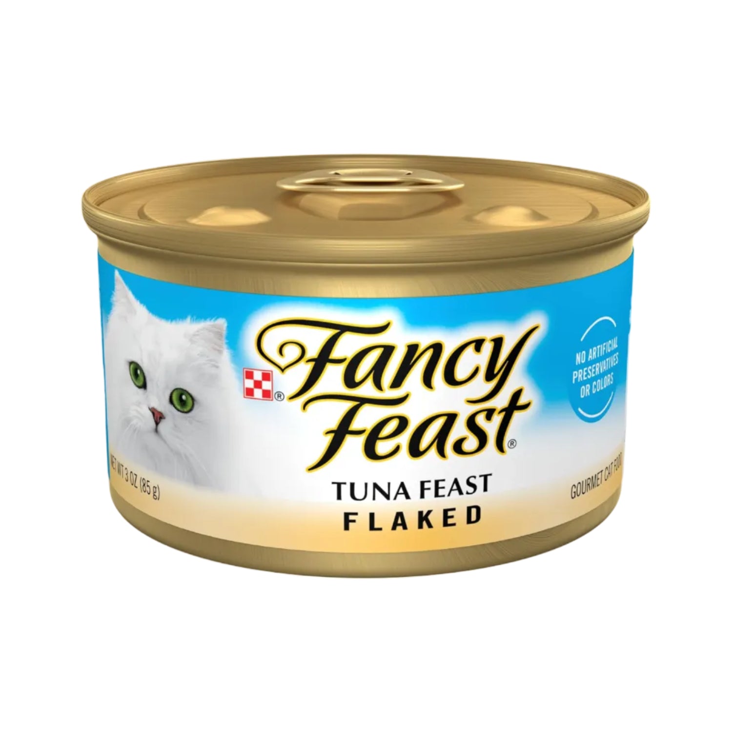 Cans of Purina Fancy Feast wet cat food Flaked Tuna Feast, 3 oz., packed in a box for cats' nutritious meals