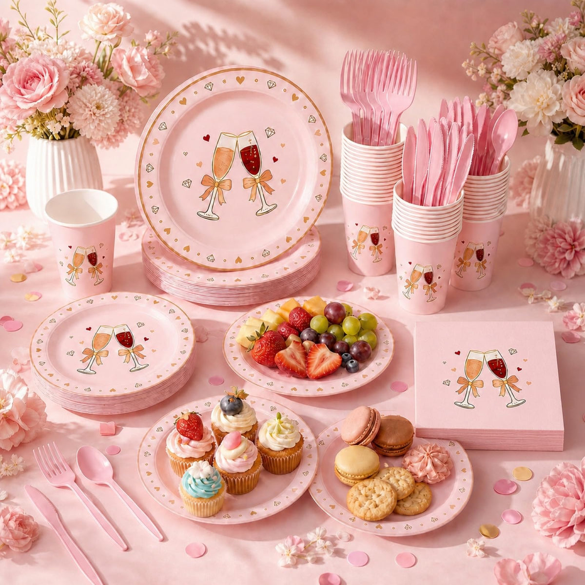 168 Pcs Pink Bow Champagne Heart Tableware Set Serves 24 - LEONGSII Official Imagery - 3