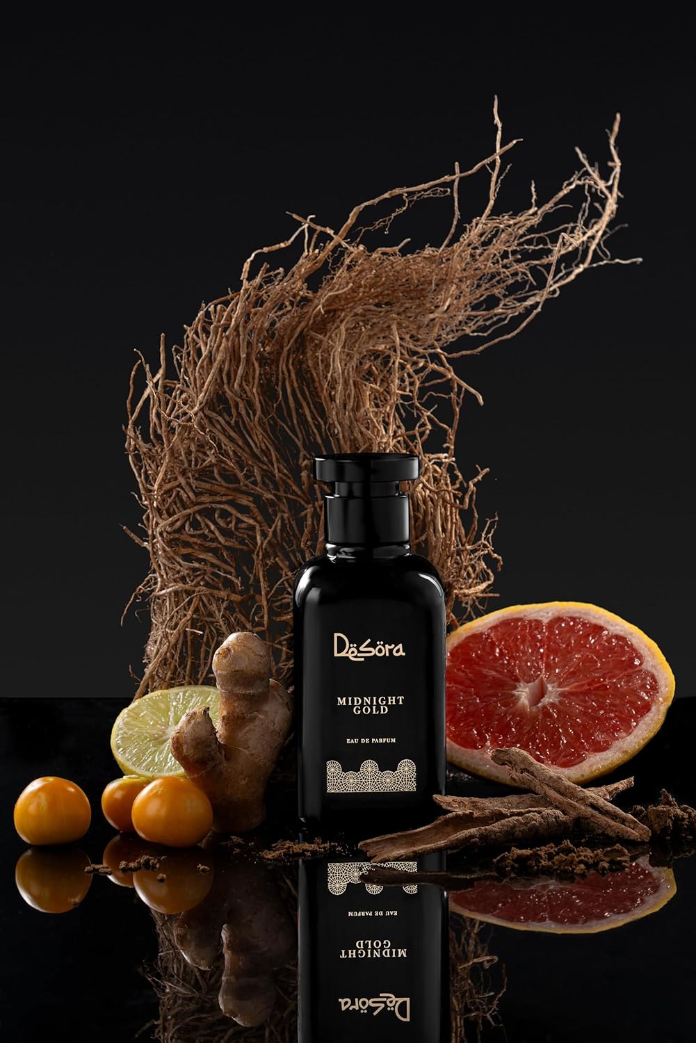 Unisex Desora Midnight Gold Eau de Parfum with grapefruit and patchouli, 3.4 oz, long-lasting scent in a stylish bottle
