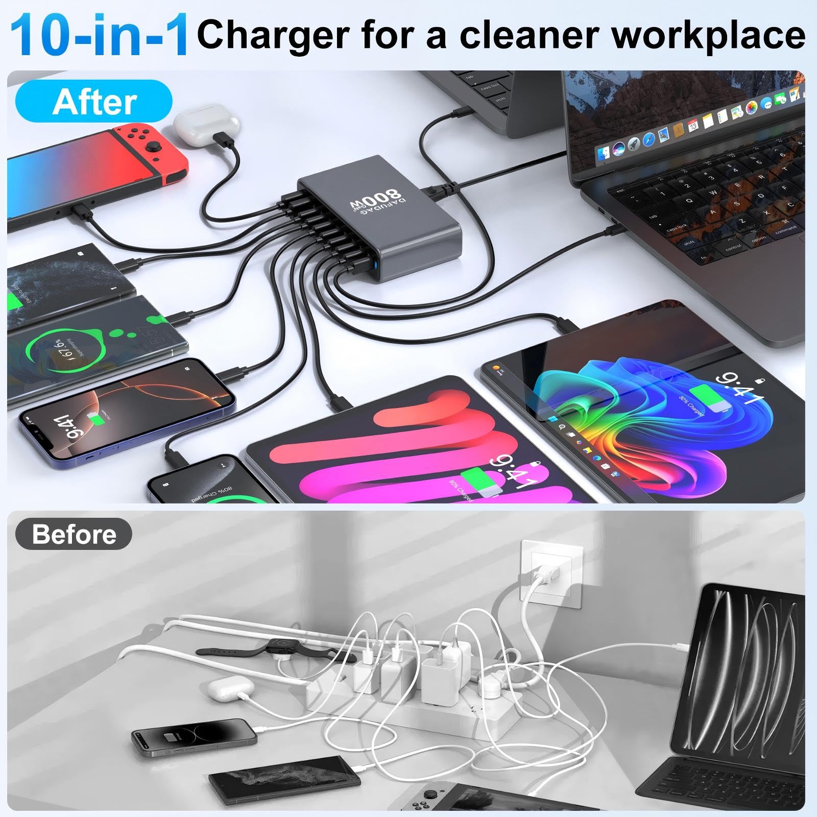 800W USB C Charger, 140W GaN Charger, 10-Port 100W/65W Fast Charging Station Compatible with MacBook Pro 16, HP, ASUS Laptops, iPad, iPhone 16 Pro Max/15, Samsung Galaxy S24/S23, Steam Deck and More