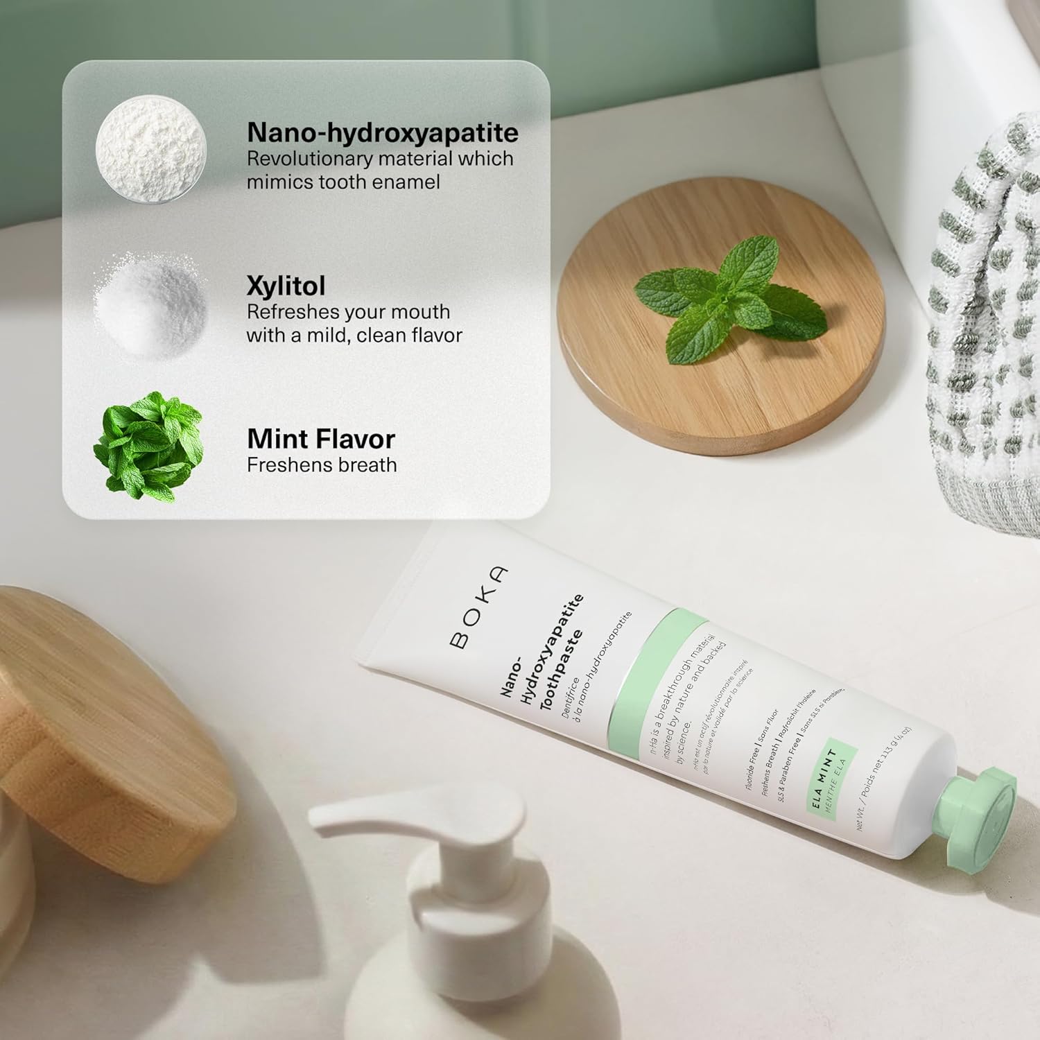 Boka fluoride-free toothpaste with nano hydroxyapatite for sensitive teeth, showing the tube with a clean, modern design.