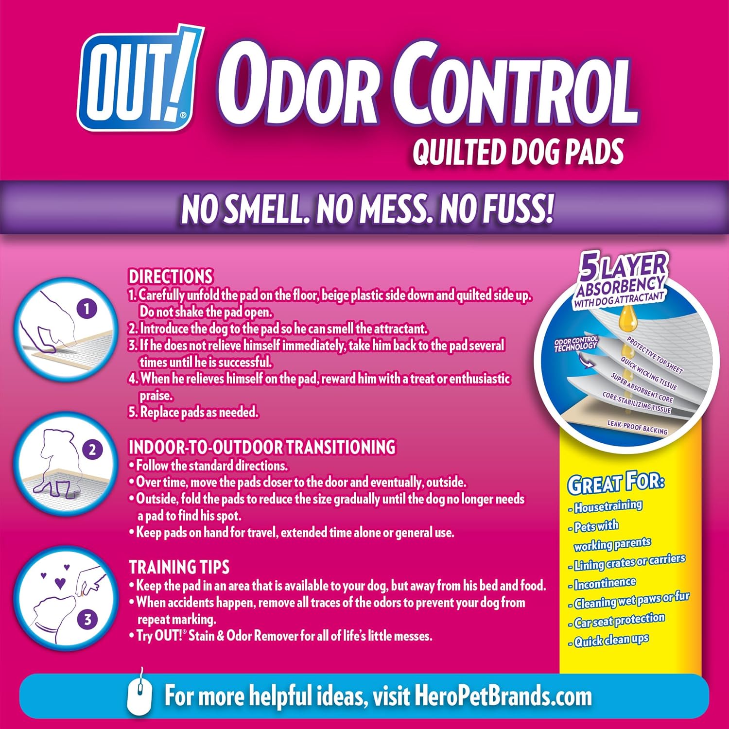 OUT! PetCare XL training pads for dogs, leak-proof disposable pee pads with absorbent surface and waterproof backing.