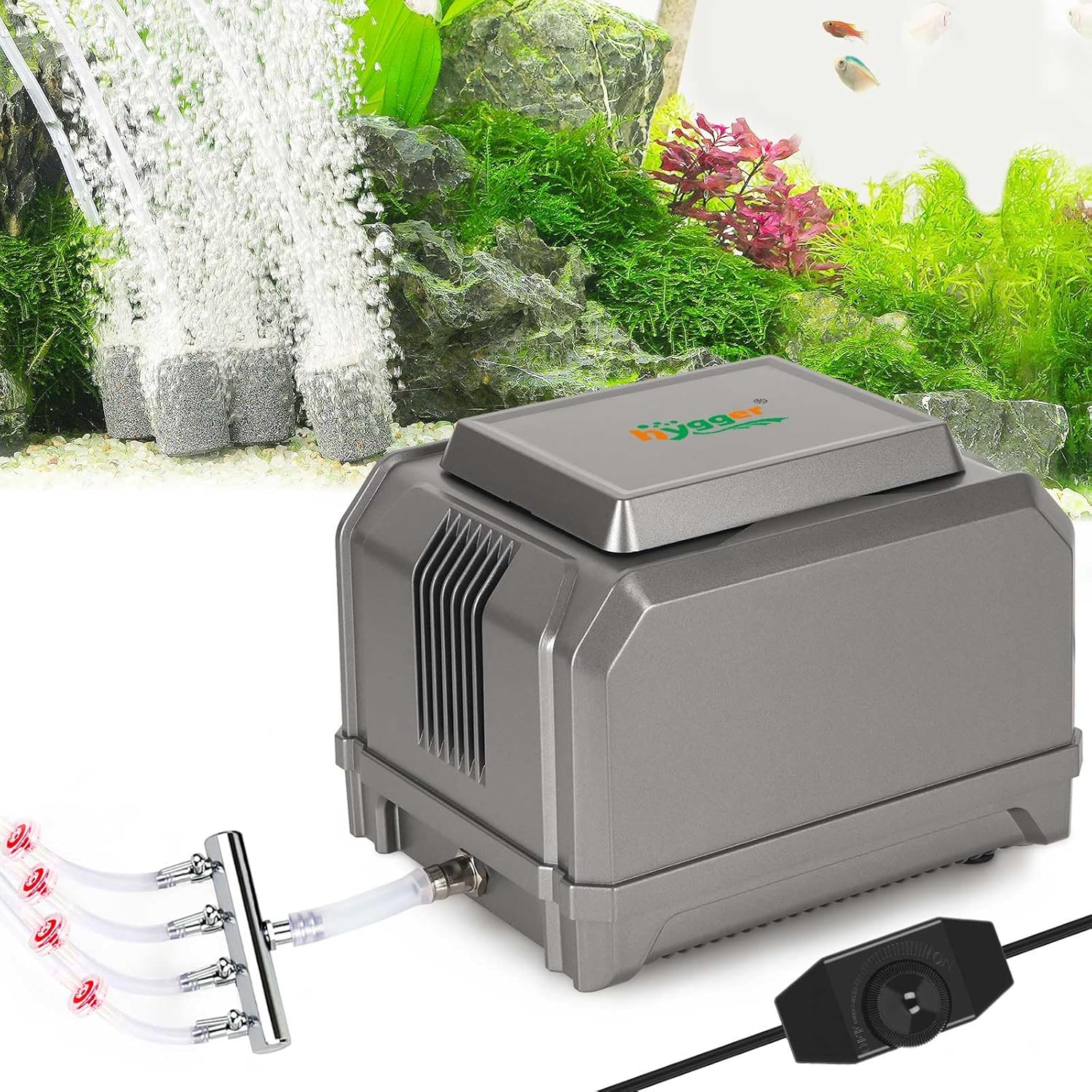 hygger Aquarium Air Pump 10W with adjustable pressure for fish tanks, compact and powerful air aerator for aquariums