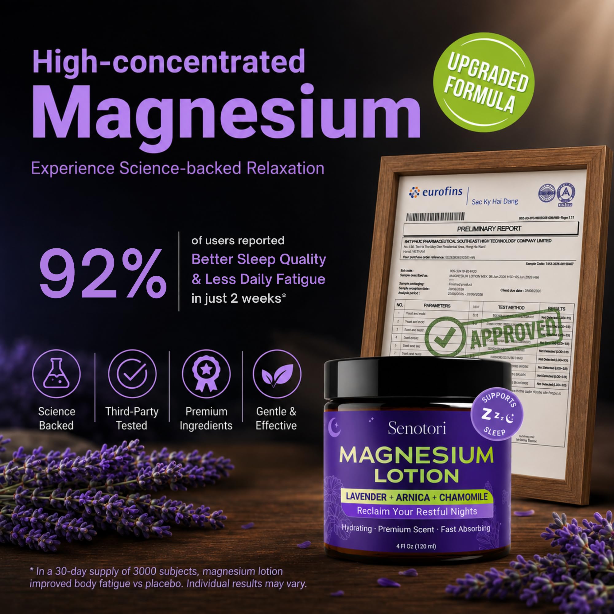 Senotori Magnesium Sleep Lotion with lavender and arnica in a 4oz bottle, soothing skin moisturizer with calming ingredients.