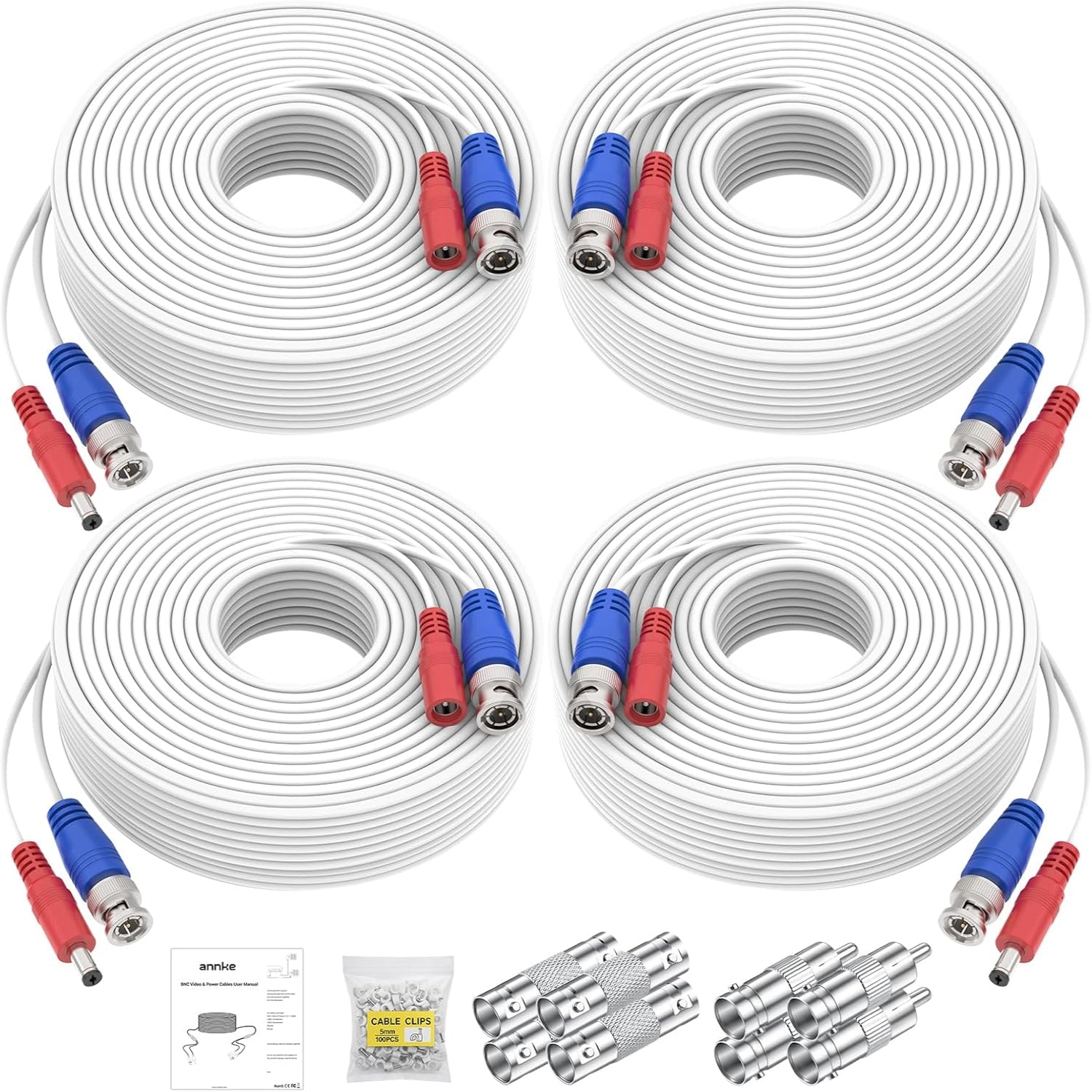 ANNKE 30M BNC extension cable for surveillance cameras, showing video and power connection ends for security system setup.