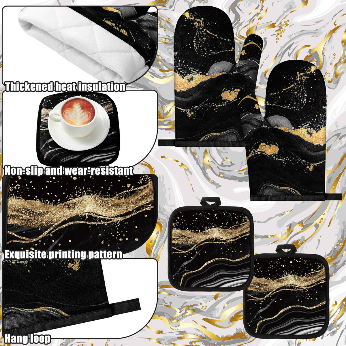 Fourluoo 10 Pcs Black and Gold Marble Kitchen Decor Set - Fourluoo Official Imagery - 7