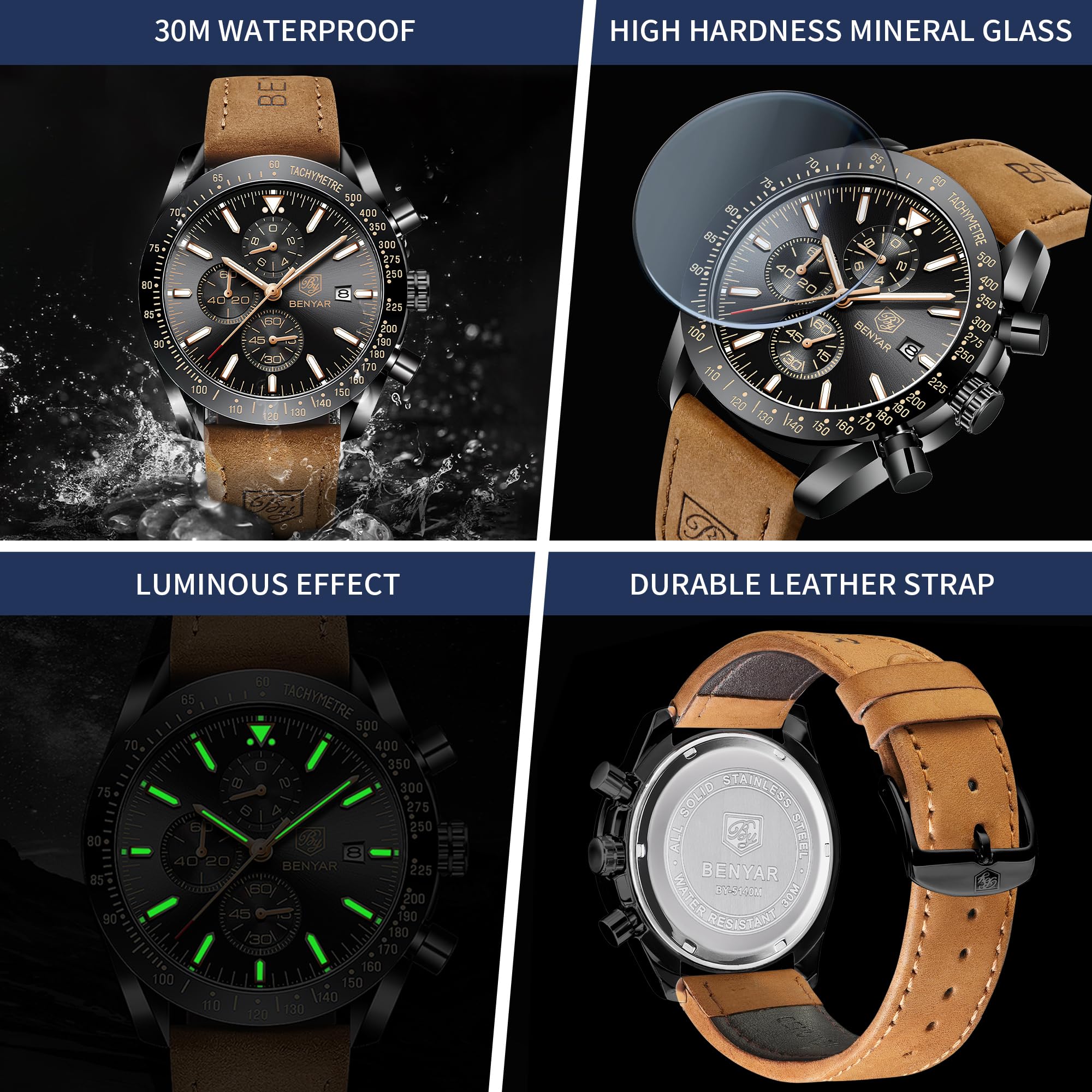 BENYAR Men's Chronograph Quartz Watch – Waterproof & Luminous