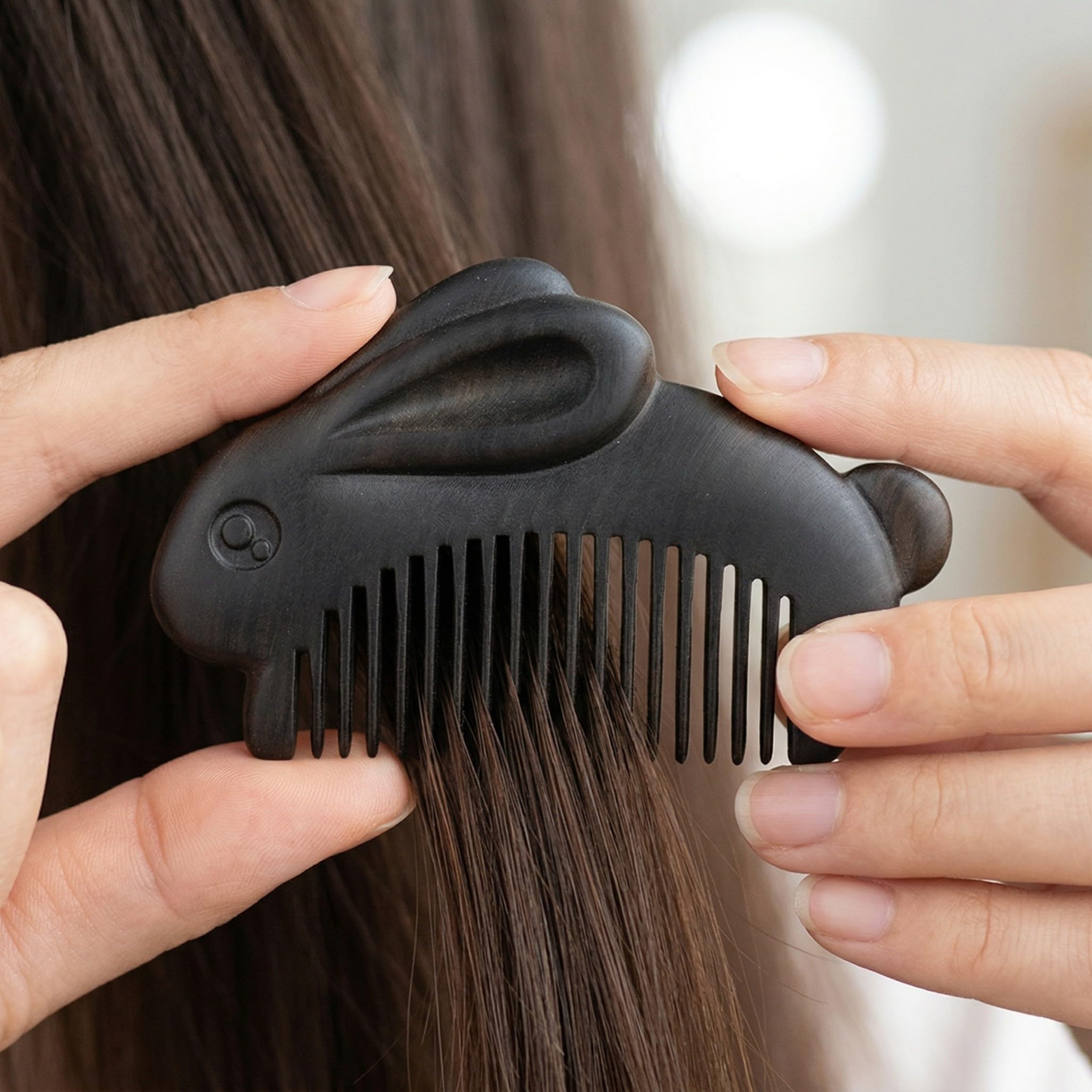 CATIEBYE small wooden hair comb with bunny design, portable handheld massage and detangling tool for scalp stimulation and hair care.