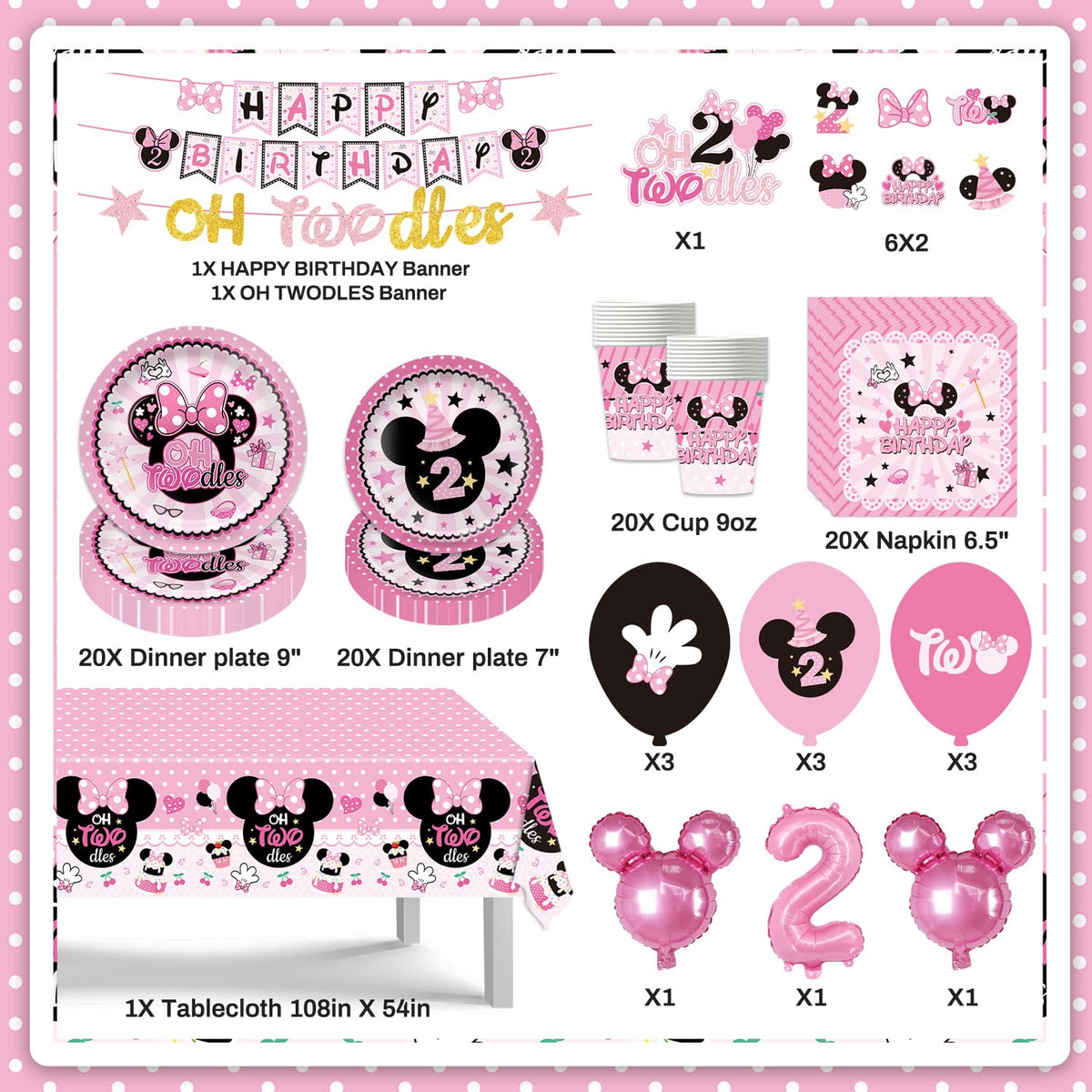 108Pcs Pink Mouse Birthday Decorations Tableware Oh Twodles - XHCYGWY Official Imagery - 3