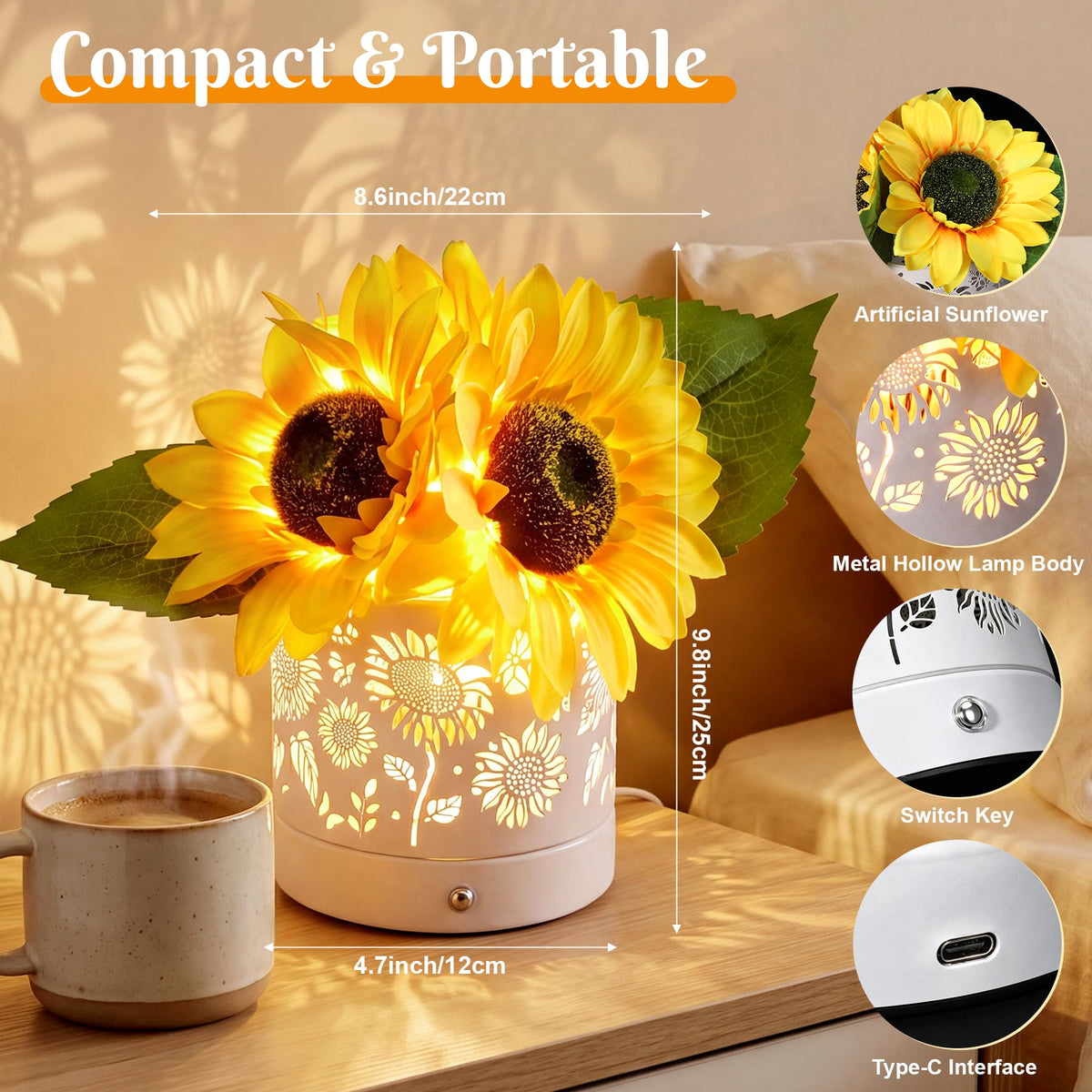 ACOCO Sunflower Lamp Rechargeable Cordless Touch Lamp with 3 - ACOCO Official Imagery - 4