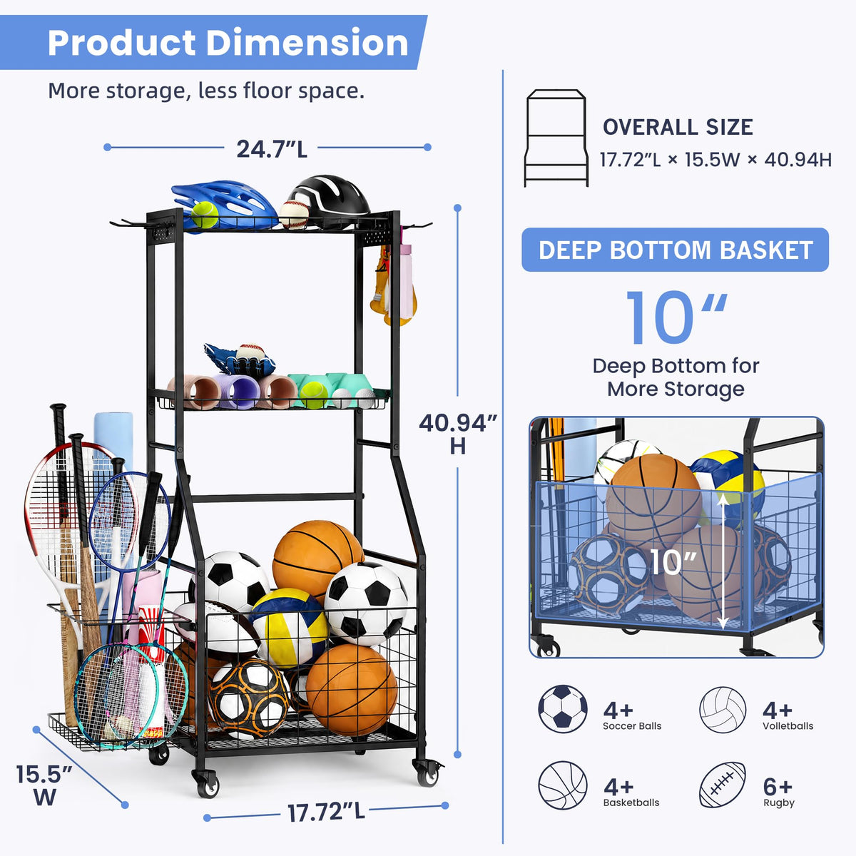 Garage Ball Storage Sports Equipment Organizer with Bat Rack - ClookRack Official Imagery - 6