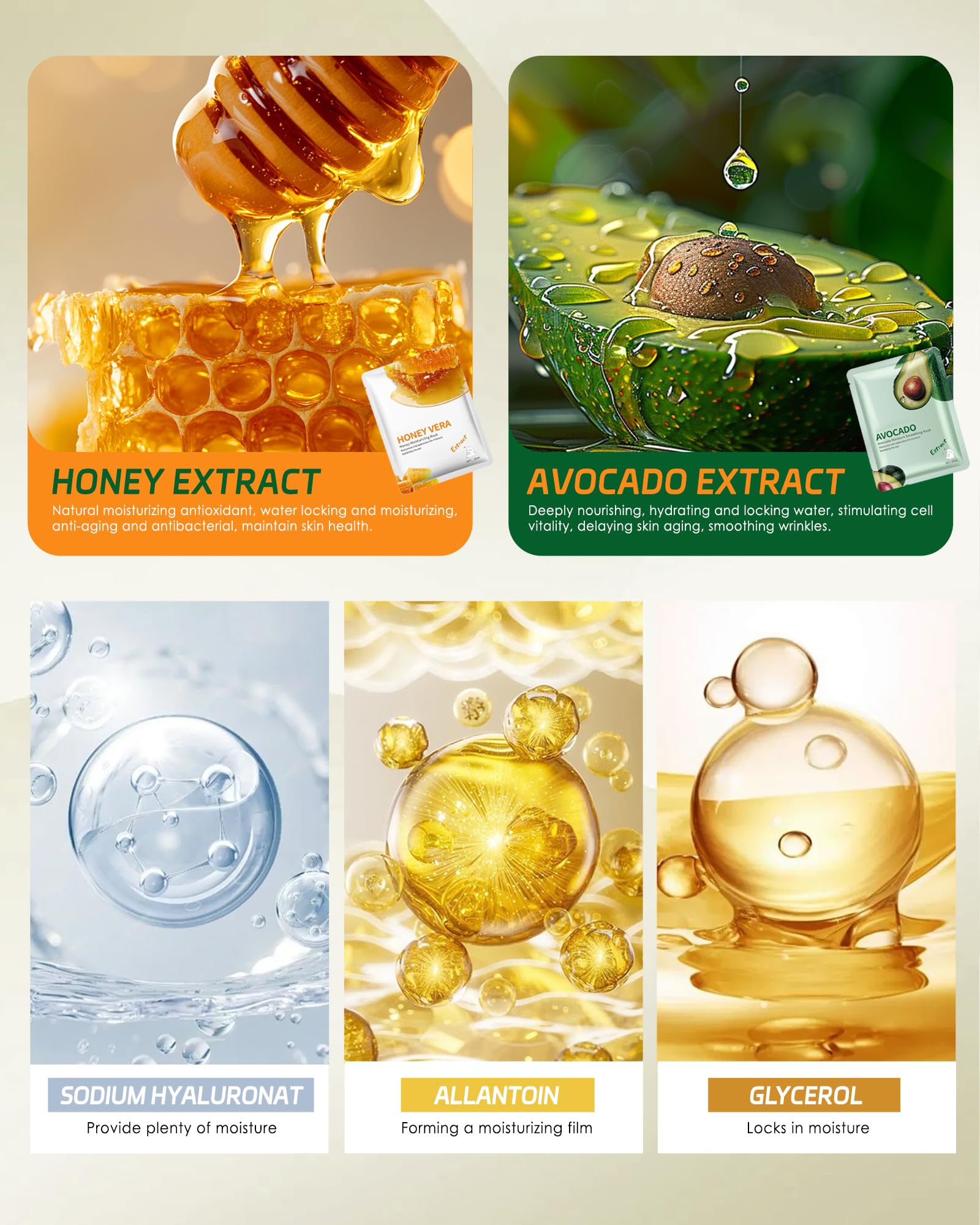 Sheet Facial Mask Set, 5 Packs Honey Anti-Aging Hydrating - LYSdefeu