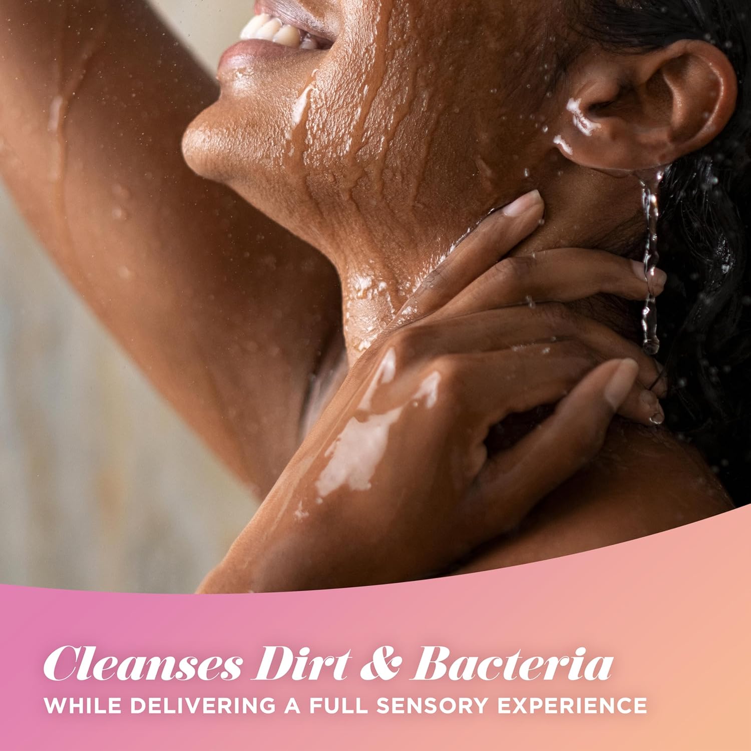 Caress Tahitian Pomegranate and Coconut Milk exfoliating body wash with a pink and white bottle featuring tropical fruit images.