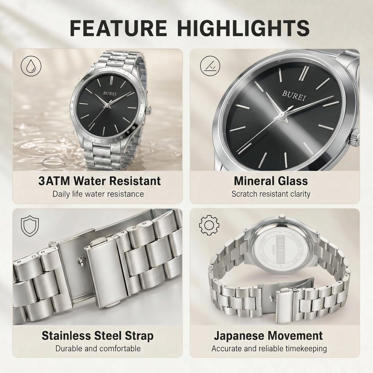 BUREI Men s Wrist Watch Analog Stainless Steel Dress - BUREI Official Imagery - 6