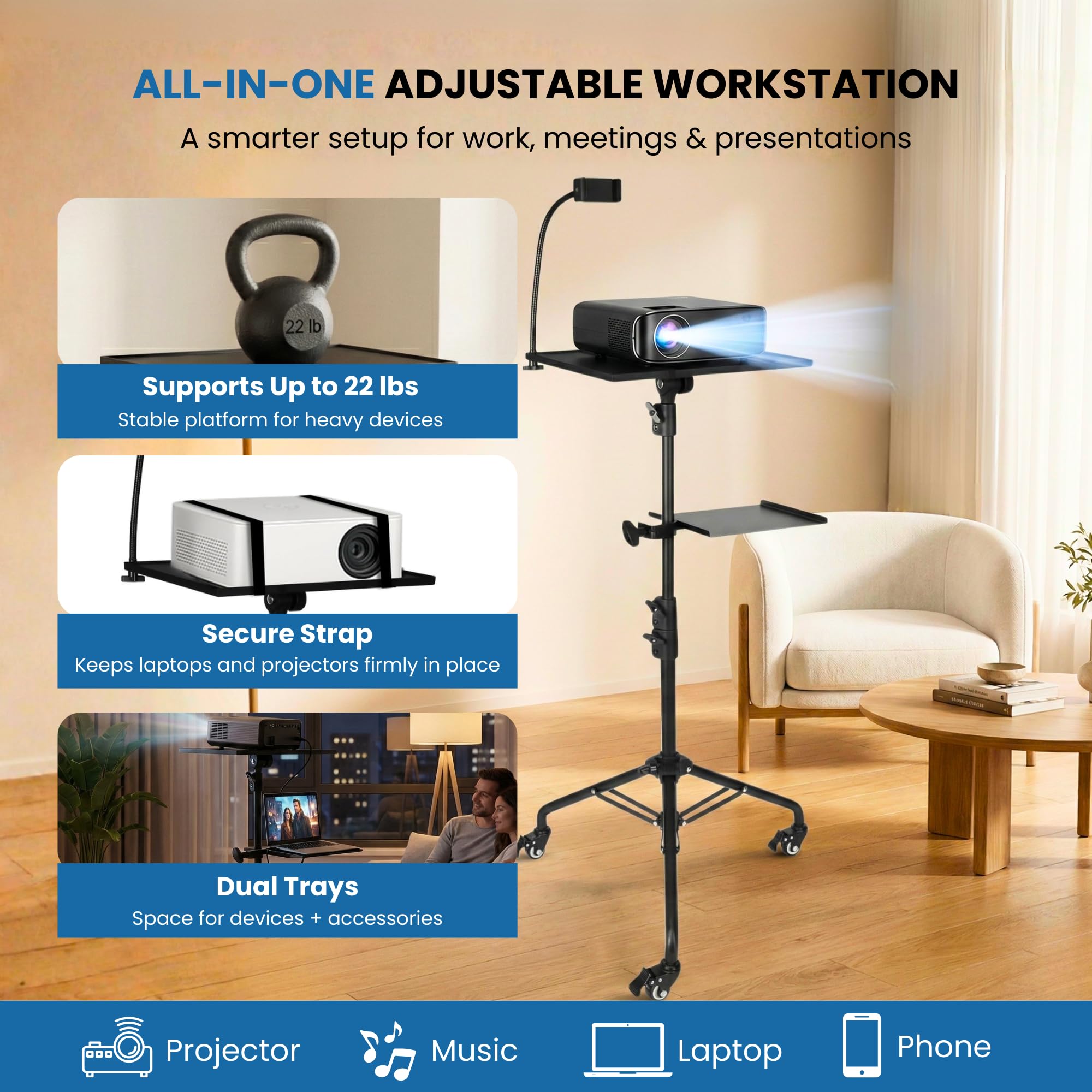 STEADUS Adjustable Projector & Laptop Stand with Wheels & Dual Tray