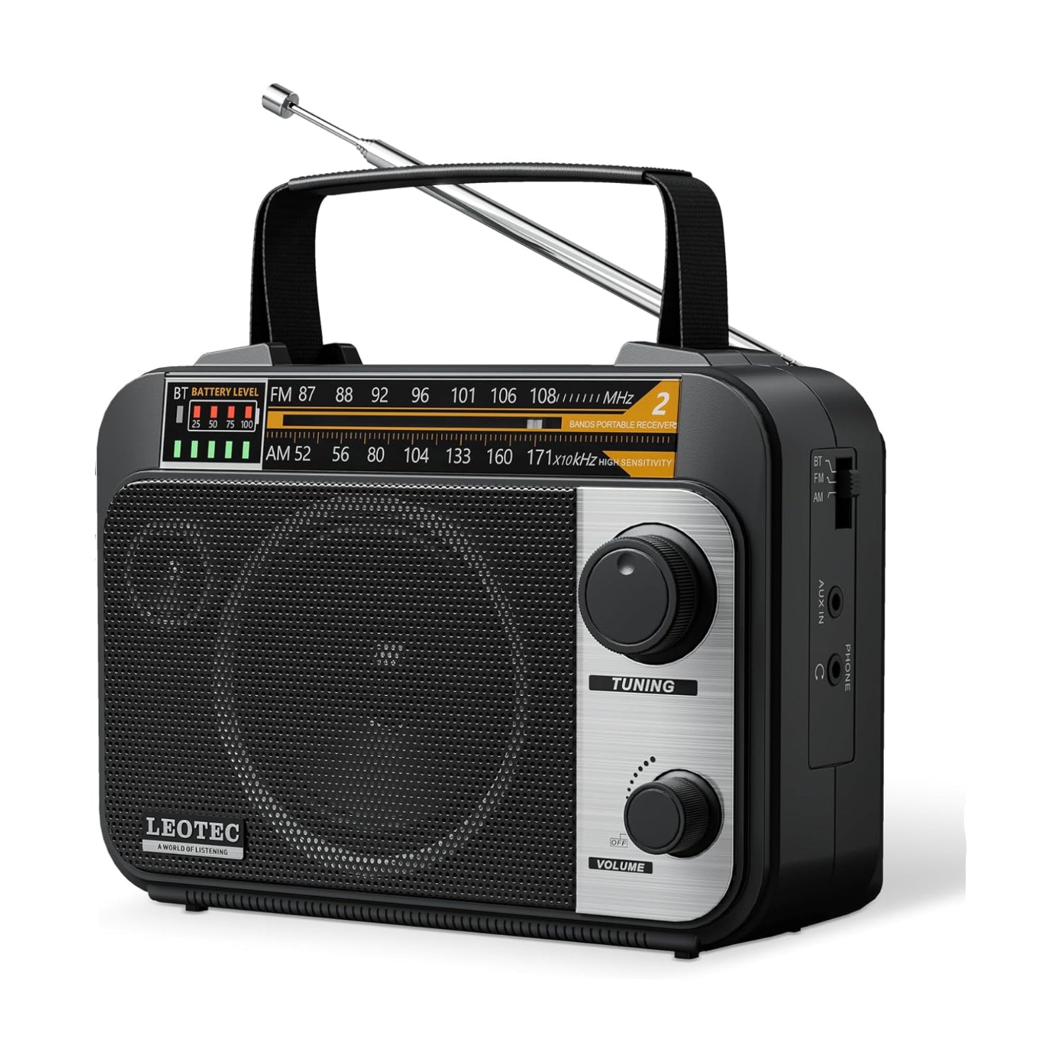 LEOTEC AM FM Bluetooth portable vintage transistor radio with rechargeable battery and retro design.