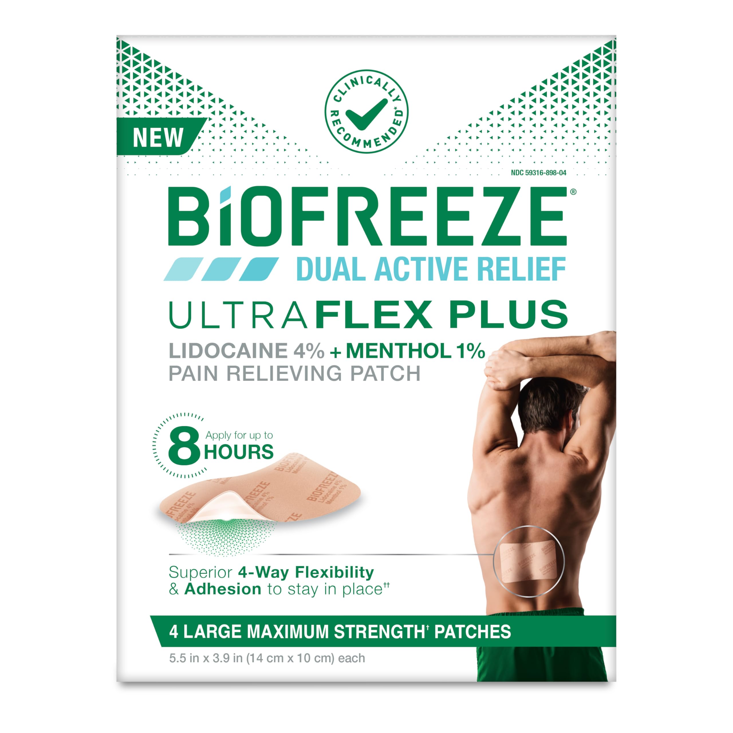 Biofreeze Ultraflex Plus Maximum Strength 4% Lidocaine Patches with Menthol, Flexible Pain Relief Patch for Lower Back, Lidocaine Patch for Neck, Knee, Shoulder, 4 Large Pain Patches