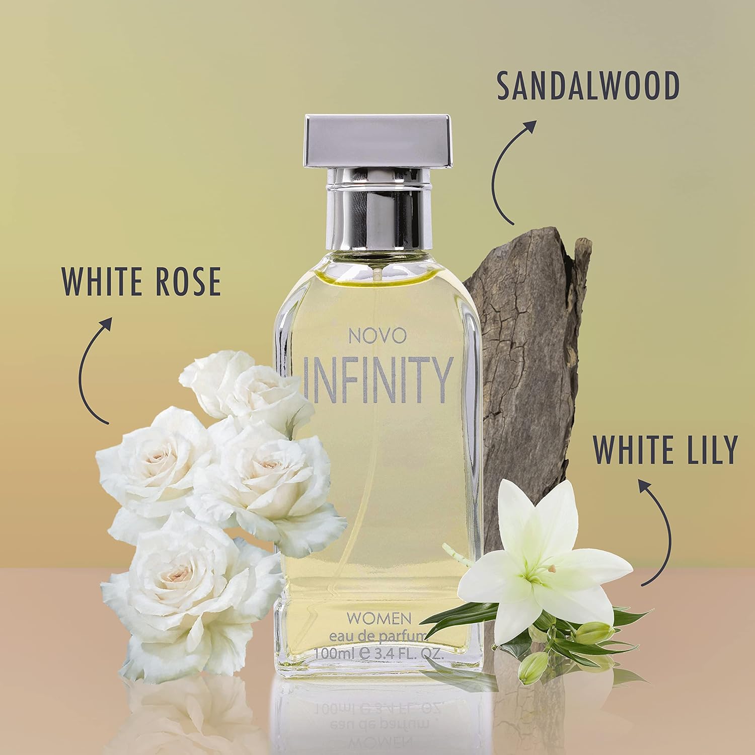 NovoGlow Novo Infinity women's Eau De Parfum spray in 3.4 oz bottle, elegant design, ideal for everyday wear
