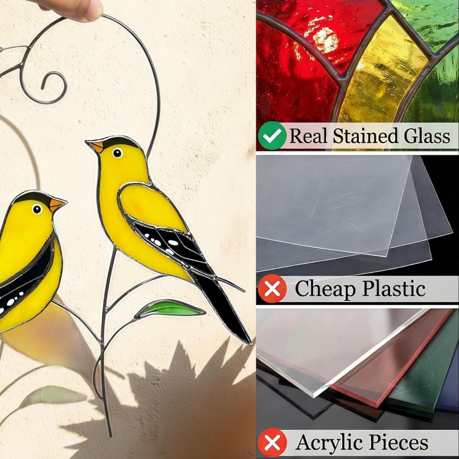 Pair of stained glass goldfinch bird suncatchers with vibrant yellow and black details, ideal for window decoration and gifting.
