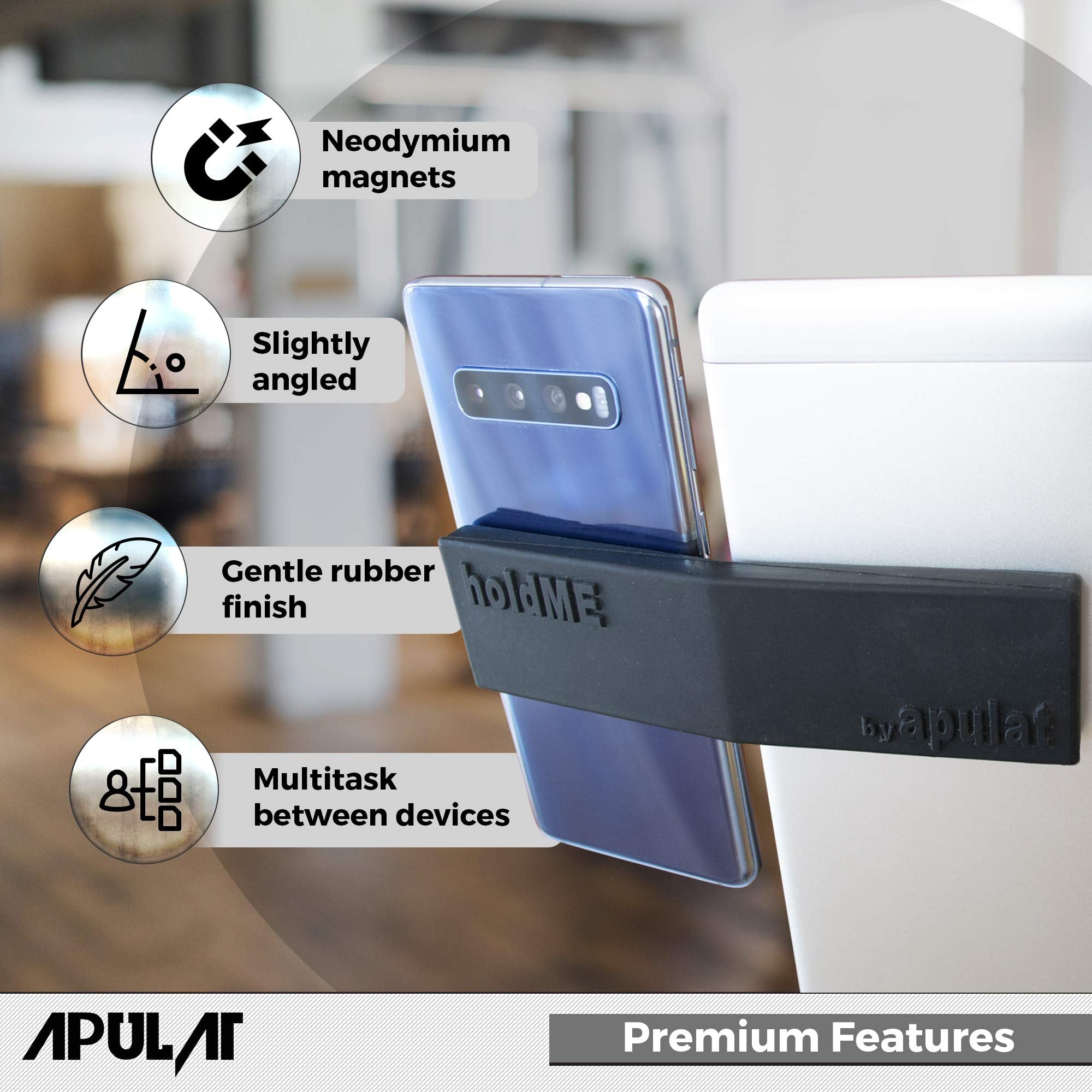 Apulat portable magnetic side mount holder for iPhone, iPad, or second screen attached to a laptop or monitor, expanding device display.