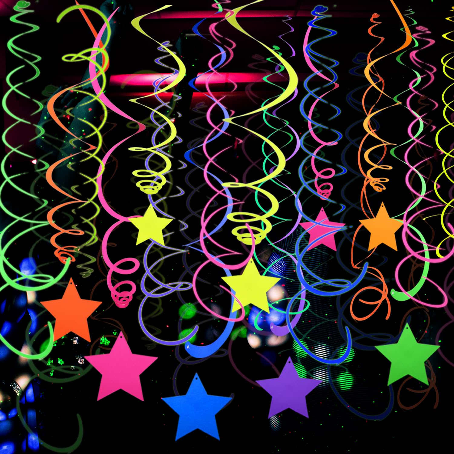 56 Pieces UV Hanging Swirls Decorations Paper Neon Streamer for - Product Imagery