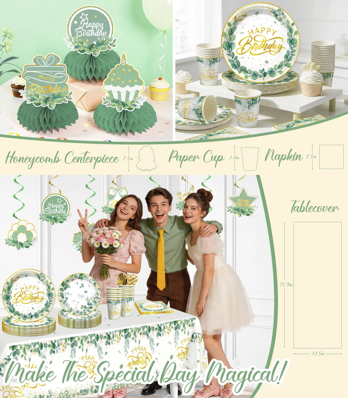 305pcs Sage Green Birthday Decorations Party Set for 25 - cocomigo Official Imagery - 6