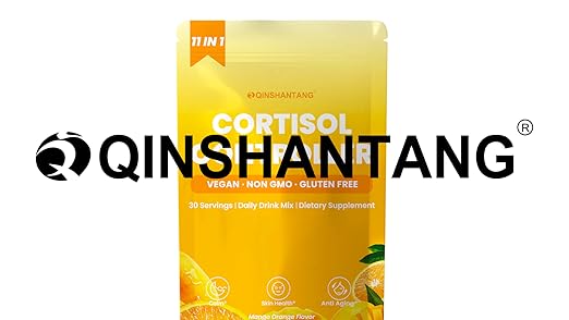 Cortisol drink powder supplement by QIN SHAN TANG with magnesium glycinate and ashwagandha for women, in a white container.