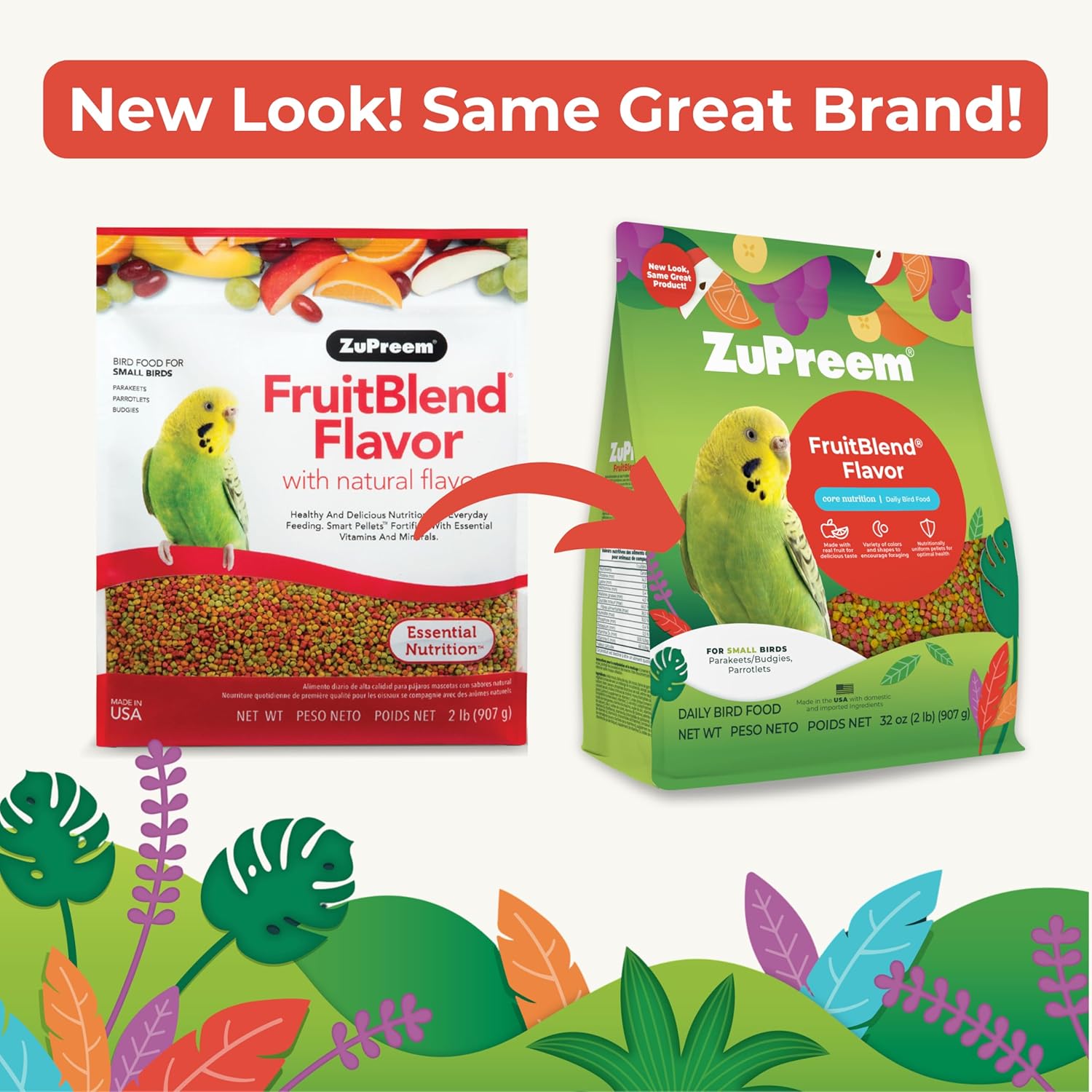 Two packages of ZuPreem FruitBlend Flavor bird food with a colorful leafy background.