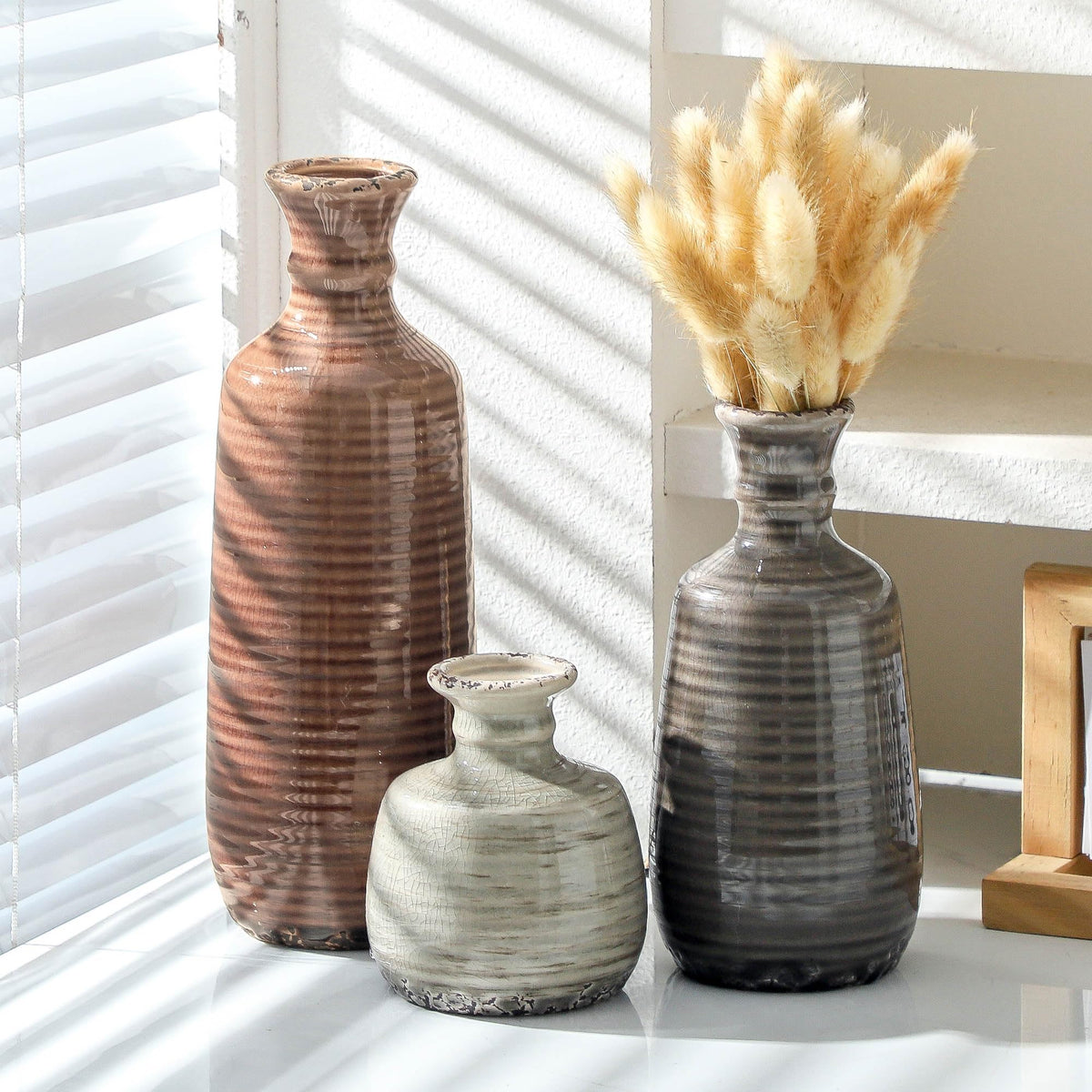 Ceramic Vases Set of 3 Neutral Rustic Farmhouse Vases Home - ooit Official Imagery - 7