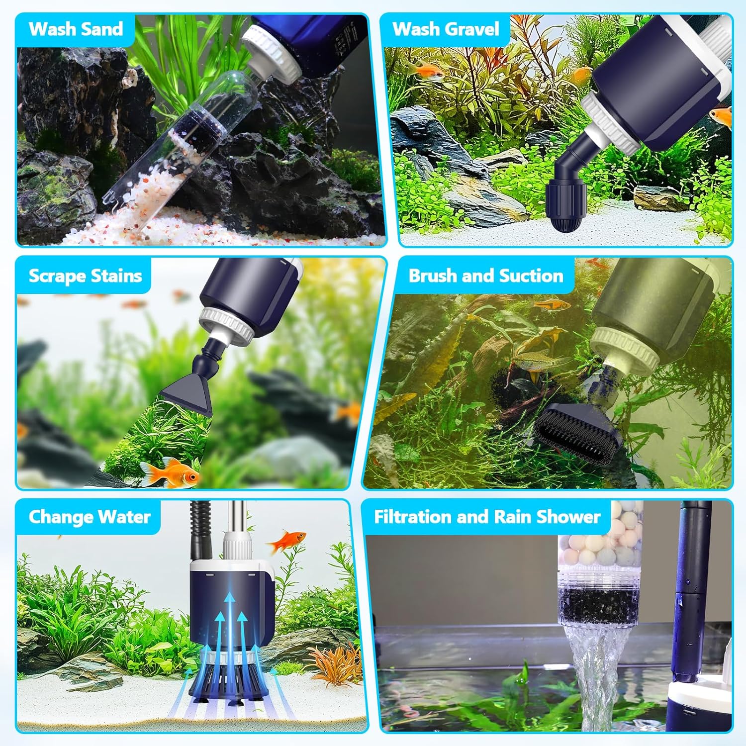 AQQA DC Fish Tank Cleaner electric aquarium water changer with 6-in-1 cleaning functions, designed for easy aquarium maintenance.