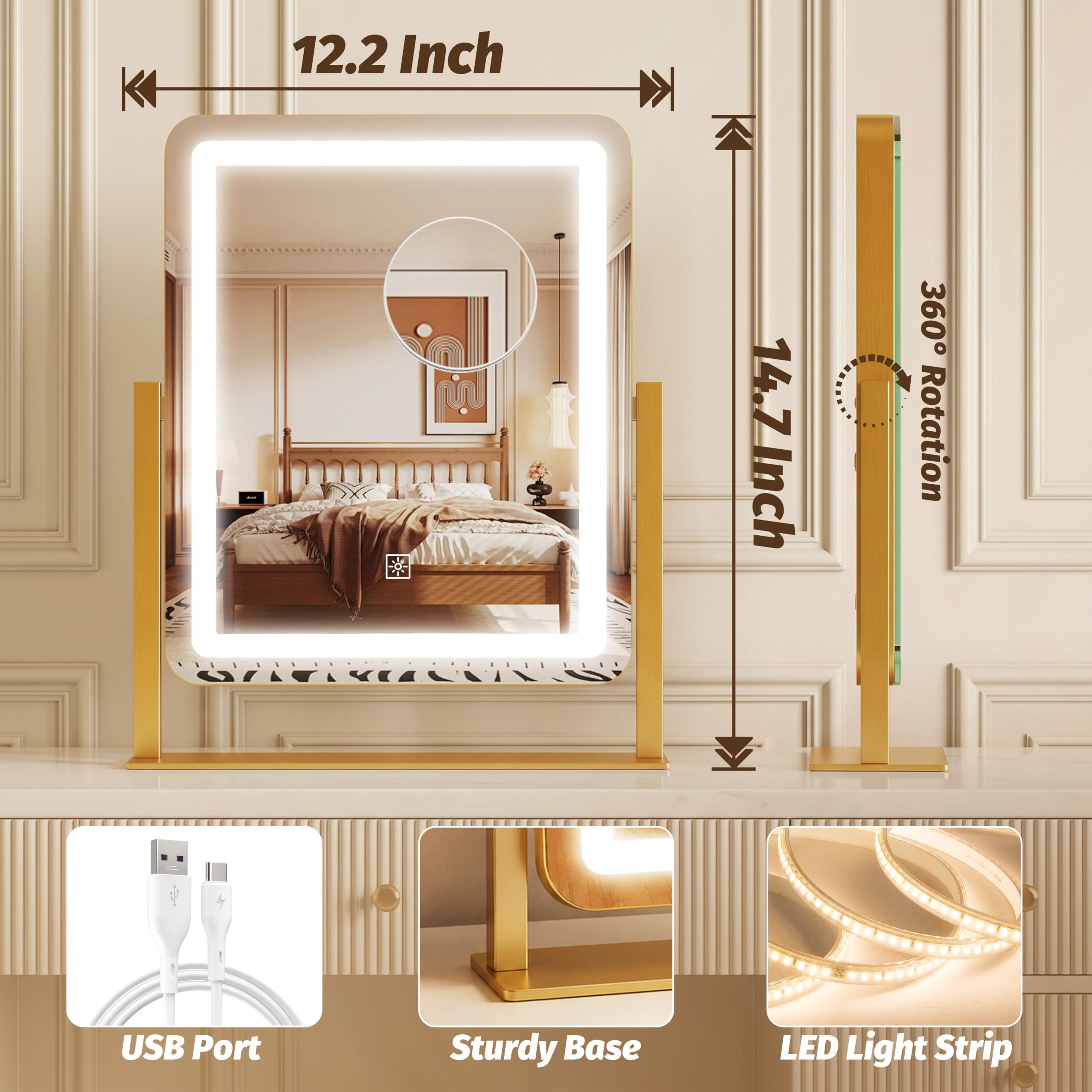 CraftCraze 15"x13"Vanity Mirror| Makeup Mirror with Lights, 3 Col - CraftCraze Official Product View 2