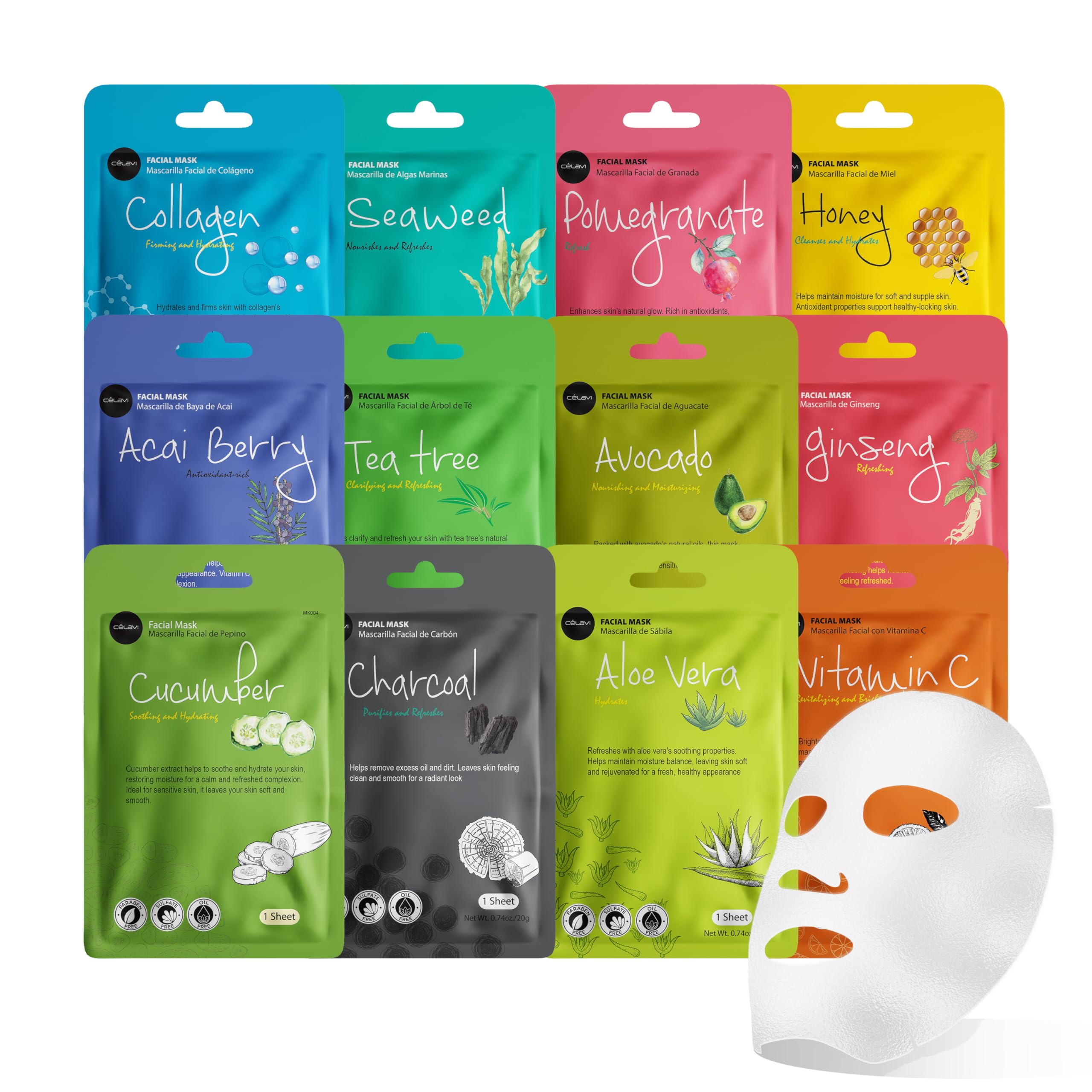 Celavi Korean Face Mask Sheet Set, Facial Spa Masks for Women, - Celavi Cosmetics