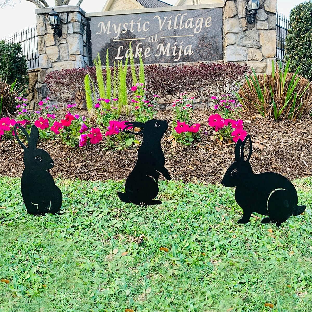 RealSteel metal garden animal sculptures featuring a bunny and squirrel yard art stake for decorative outdoor decor.