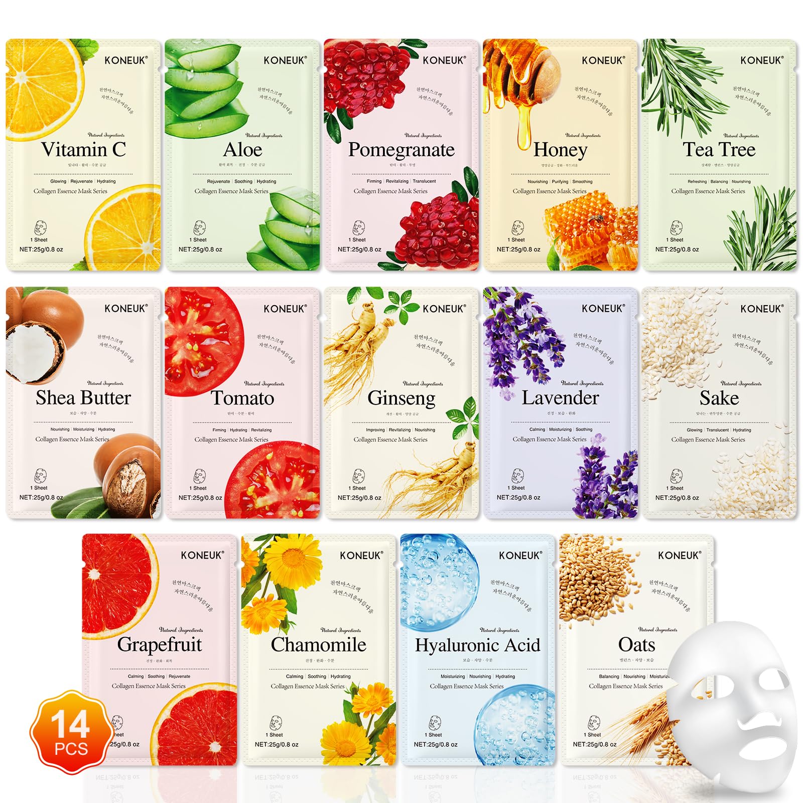 KONEUK 14 Pack Sheet Face Masks Skincare, Hydrating Face Masks - KONEUK