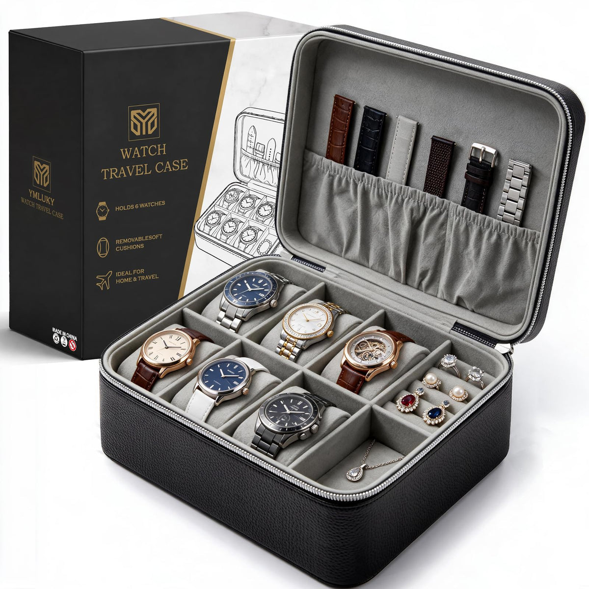 6 Slot Travel Watch Box Portable Jewelry Organizer Case for - YMluky Official Imagery - 1